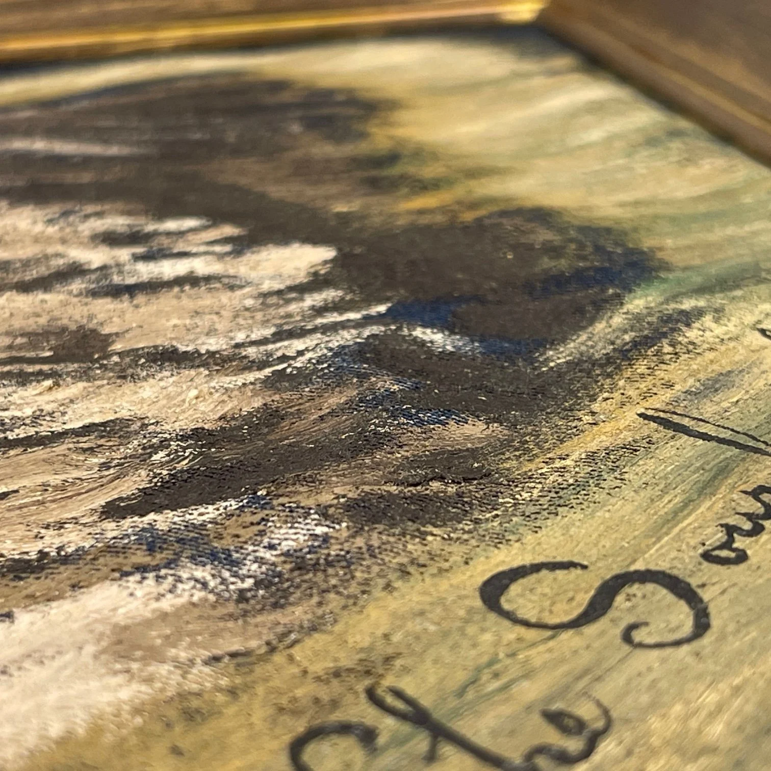 Vintage original portrait painting of an old bearded black man with a hat on in earth tone colors and done in a vertical orientation, framed in a vintage wood frame.