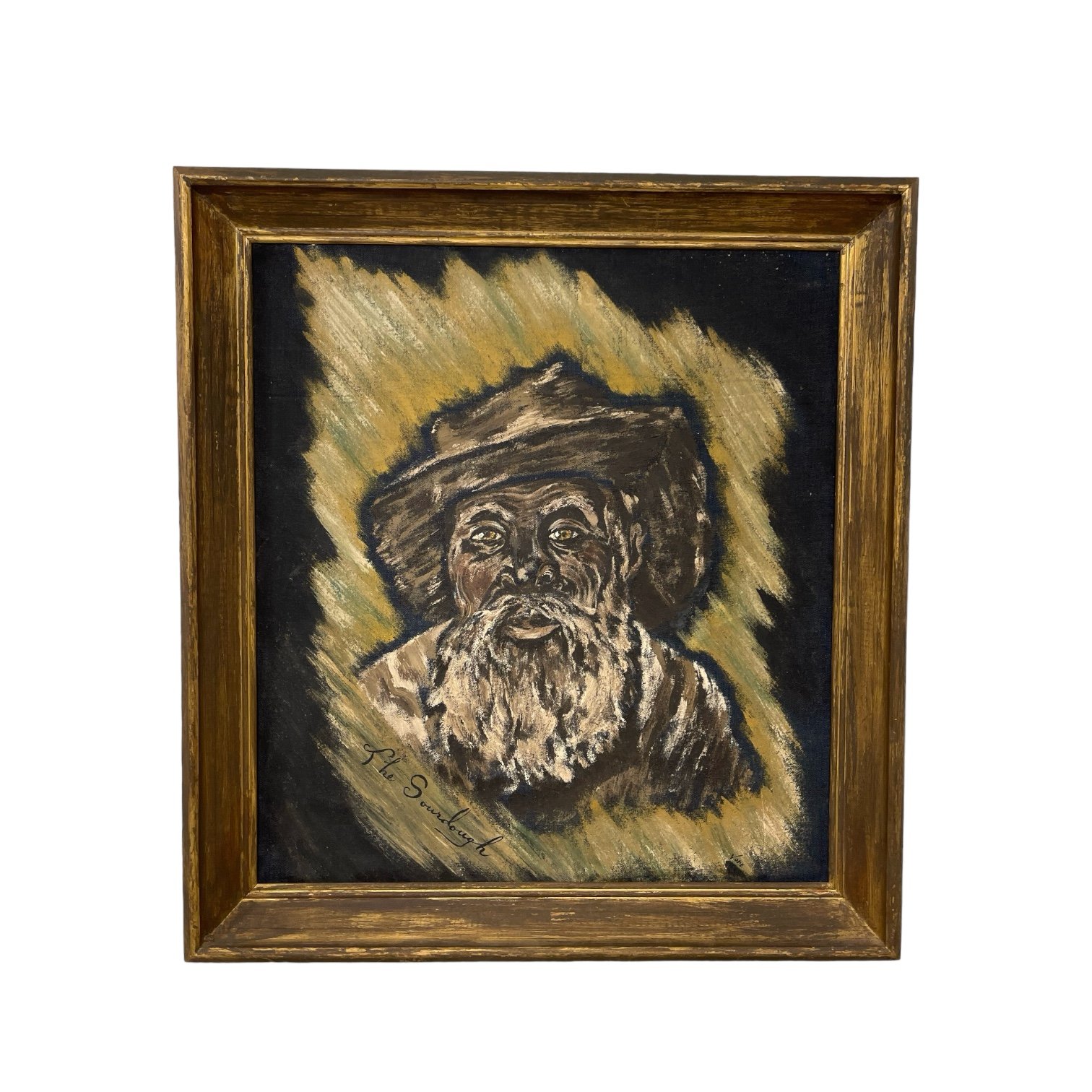 Vintage original portrait painting of an old bearded black man with a hat on in earth tone colors and done in a vertical orientation, framed in a vintage wood frame.