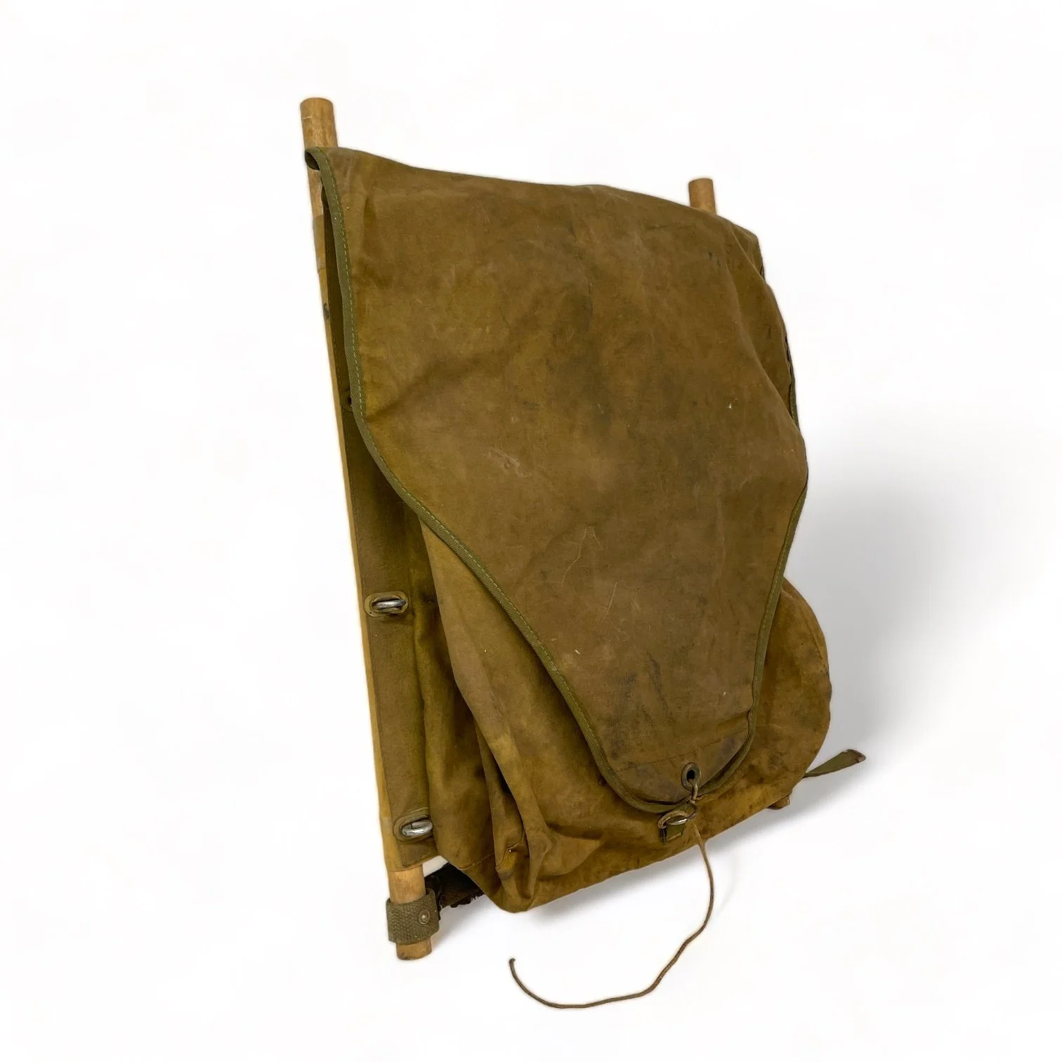 A vintage White Stag trapper's style Army green backpack with wooden frame made by Hirsch Weis Canvas Prod. Co., Portland, Oregon. Made in USA