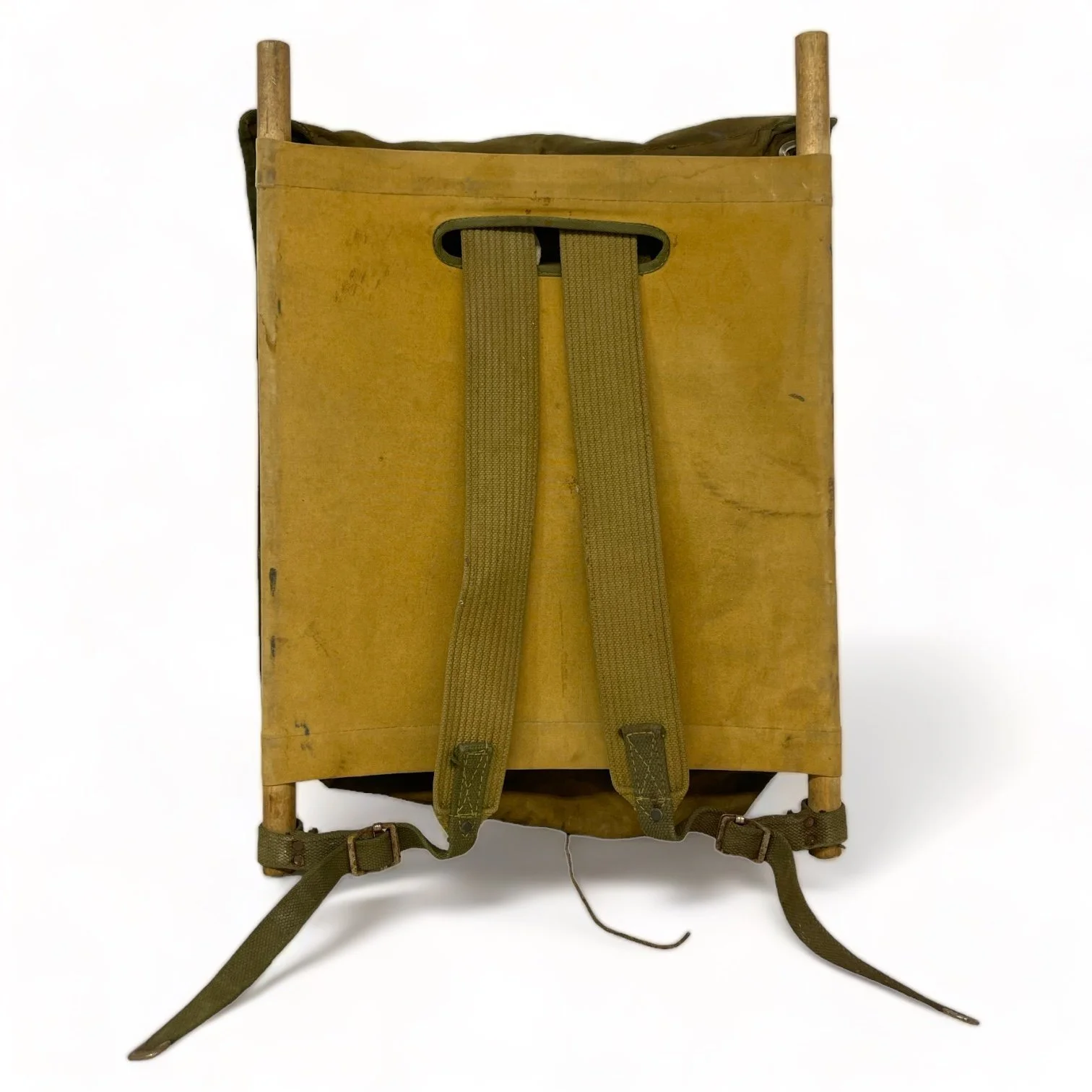 Back view of a vintage White Stag trapper's style Army green backpack with wooden frame made by Hirsch Weis Canvas Prod. Co., Portland, Oregon. Made in USA