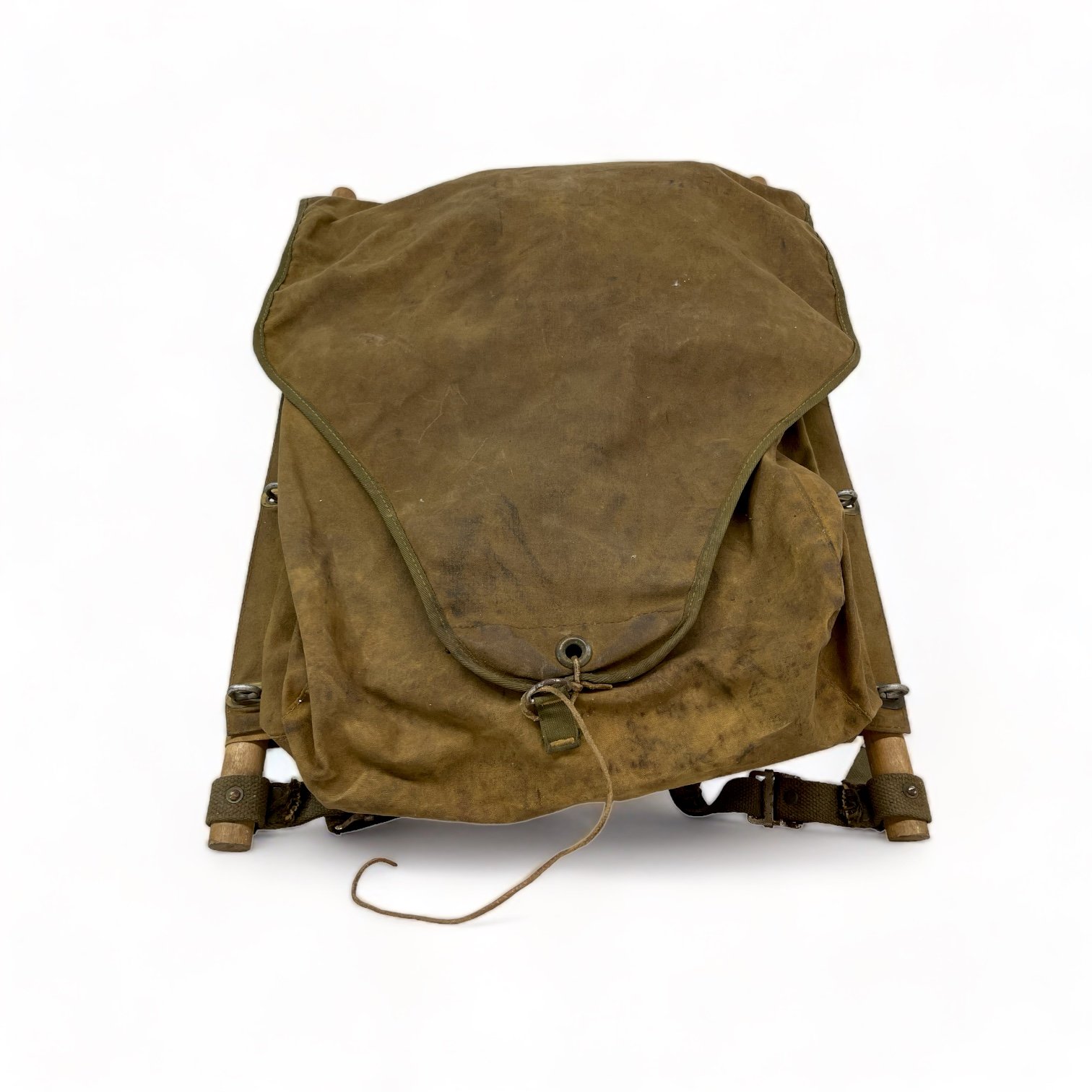 A vintage White Stag trapper's style Army green backpack with wooden frame made by Hirsch Weis Canvas Prod. Co., Portland, Oregon. Made in USA