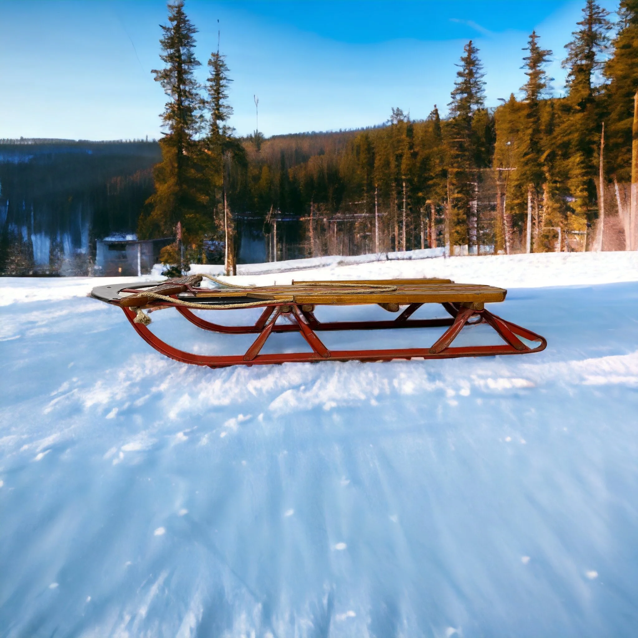 Vintage Wooden Sled by Hedlund, American Deluxe Wood Sled on a snowy mountain.