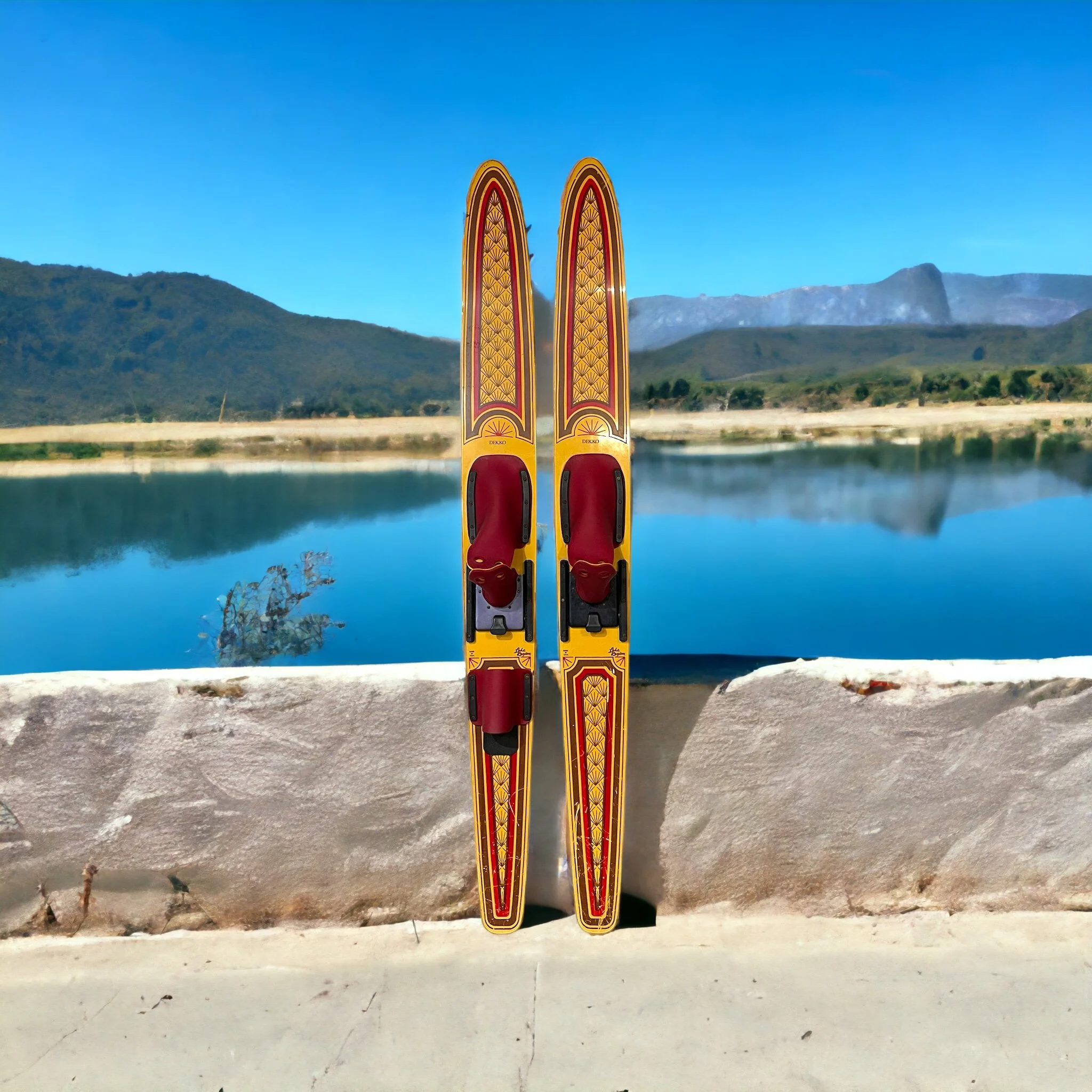 vintage pair of Dekko wooden water skis by Lake Region with an Art Deco pattern in yellow and red with a view of the mountains and a lake in the background.