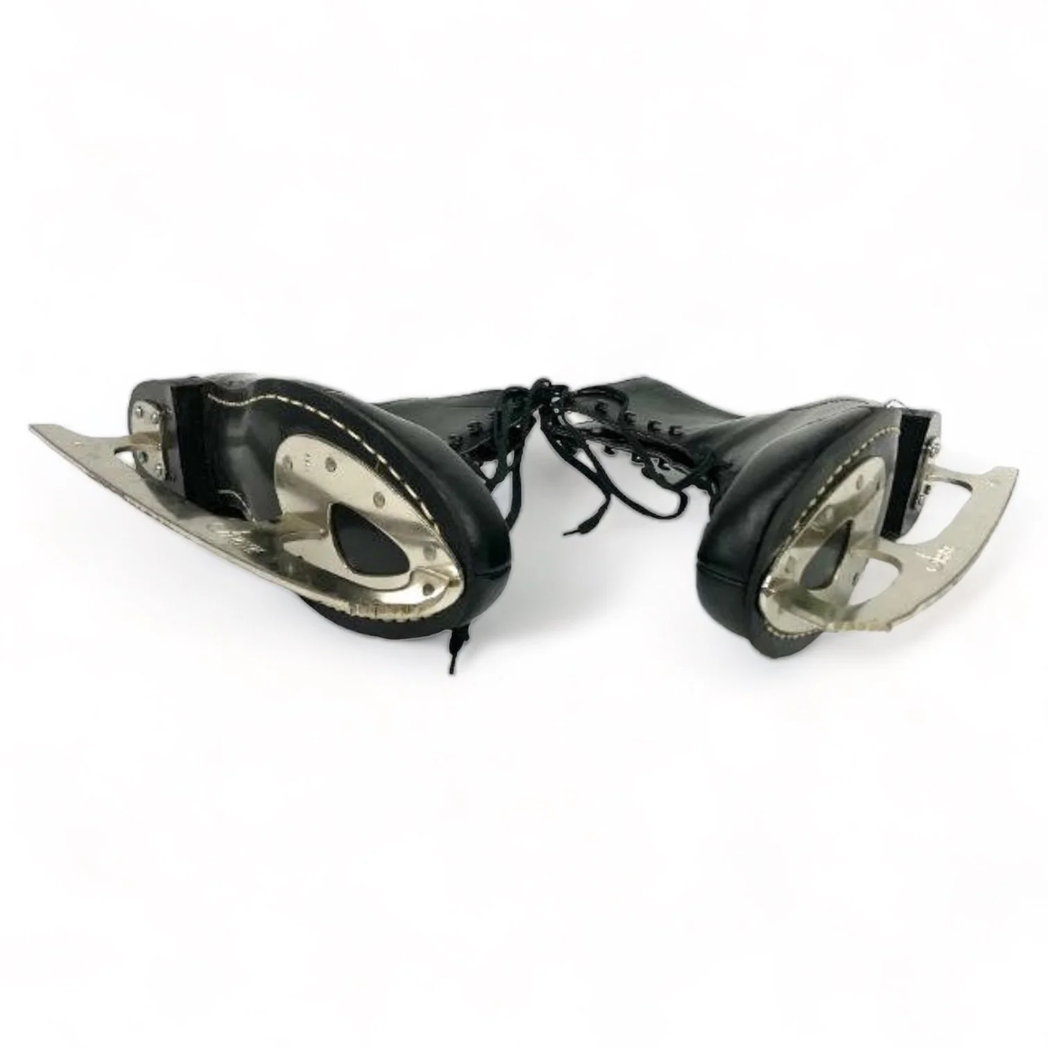 Underneath view of a pair of Vintage Black Leather Ice Skates by Aerflyte with silver metal blades
