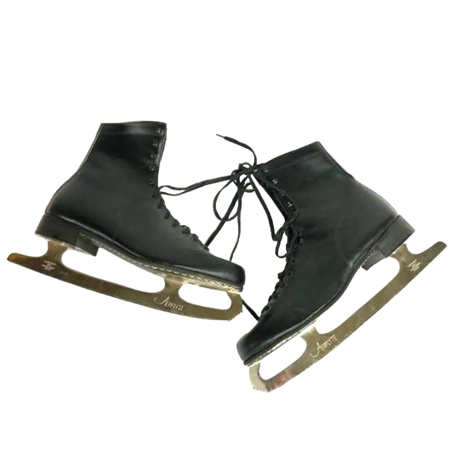 Vintage Black Leather Ice Skates by Aerflyte with silver metal blades.