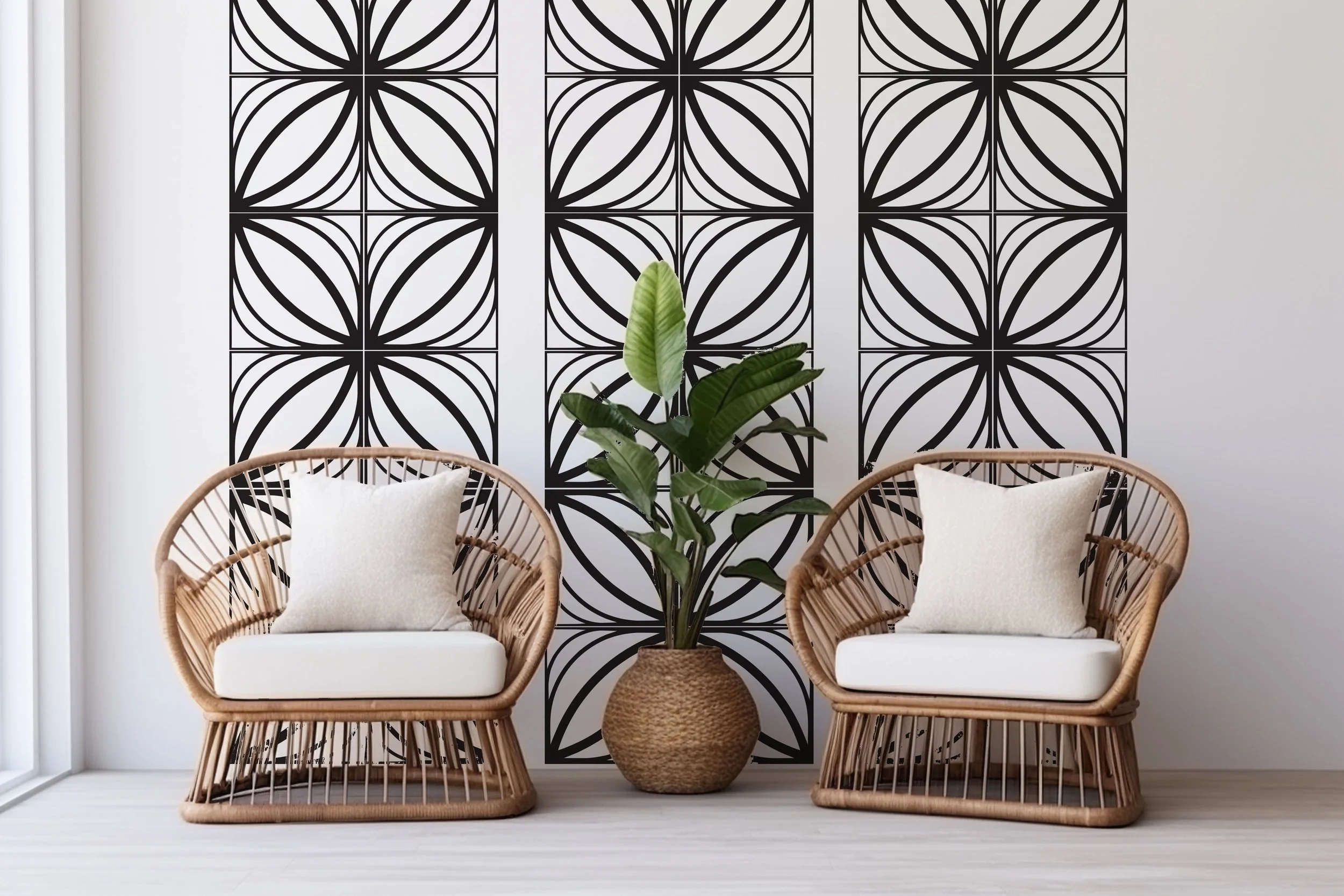 Mid century modern breeze block vinyl wall decal with a geometric design, removable and easy to apply. Perfect for stylish home or office decor updates.