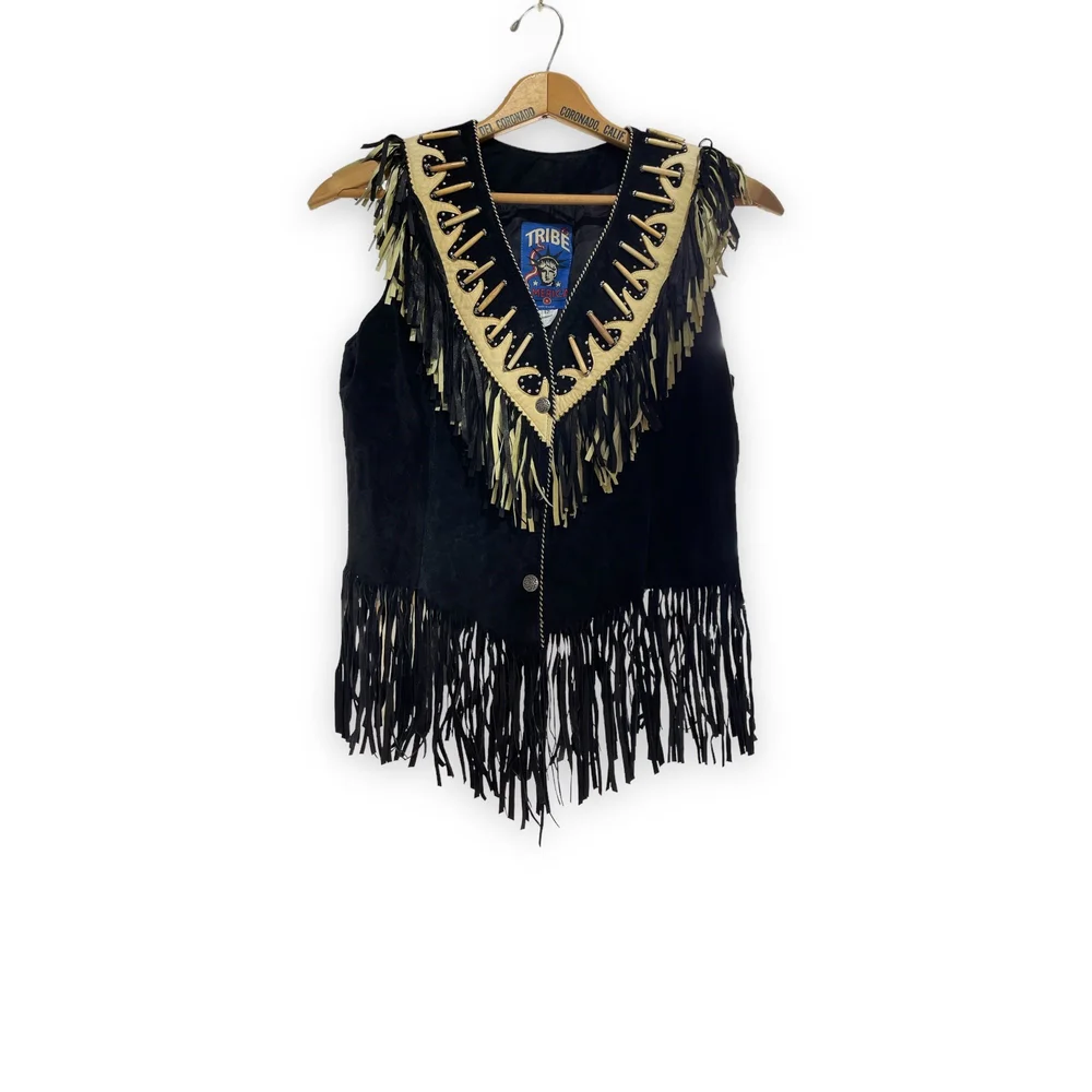Vintage Women's Black Fringe Suede Vest: Tribe America Made in USA