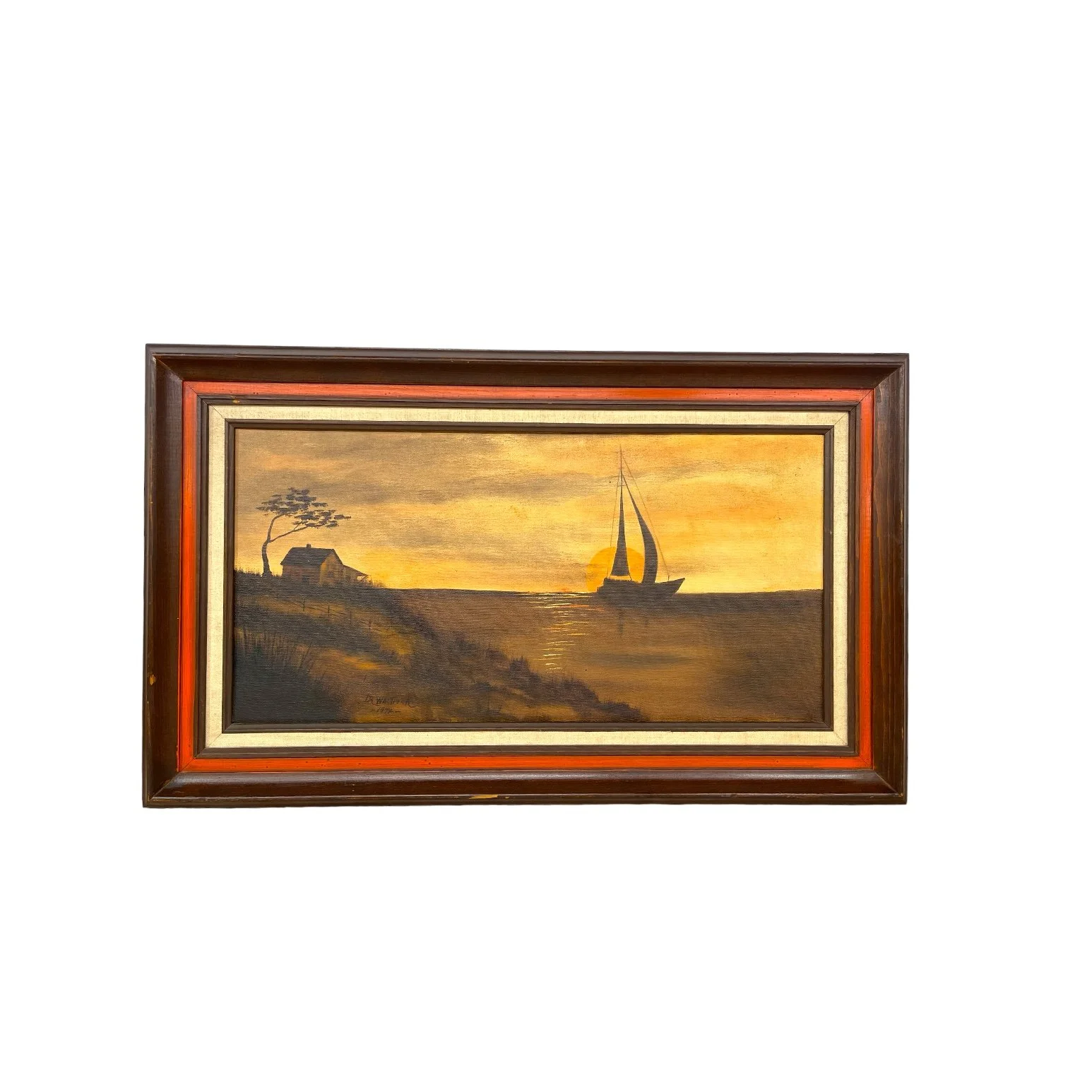 Vintage 1970s Sailboat Painting on the Water at Sunset Framed, horizontal orientation measuring 30x18 inches. Signed and dated by artist.