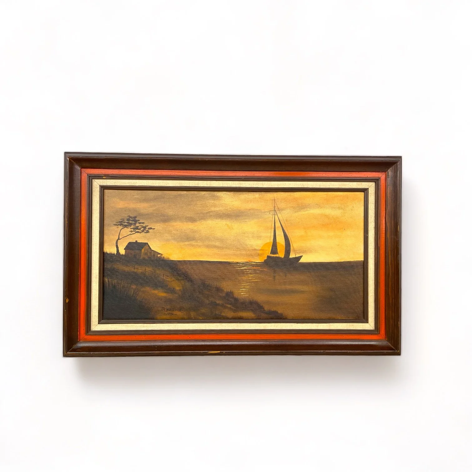 Vintage 1970s Sailboat Painting on the Water at Sunset Framed, horizontal orientation measuring 30x18 inches. Signed and dated by artist.