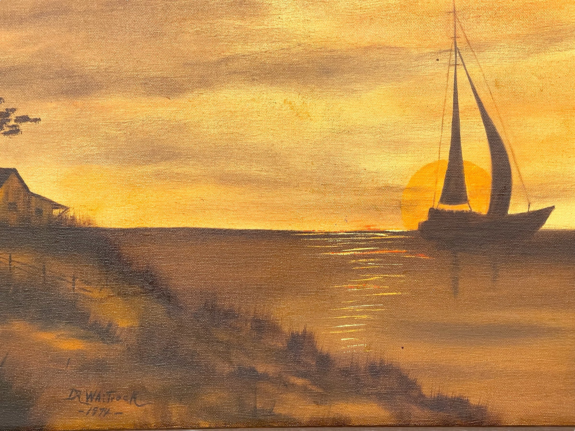 Vintage 1970s Sailboat Painting on the Water at Sunset Framed, horizontal orientation measuring 30x18 inches. Signed and dated by artist.