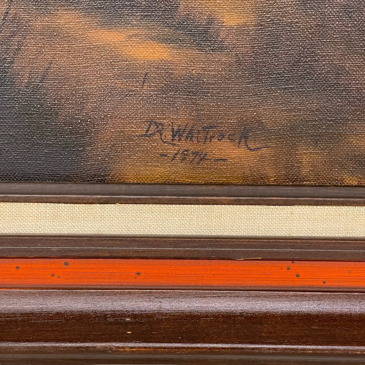 Vintage 1970s Sailboat Painting on the Water at Sunset Framed, horizontal orientation measuring 30x18 inches. Signed and dated by artist.