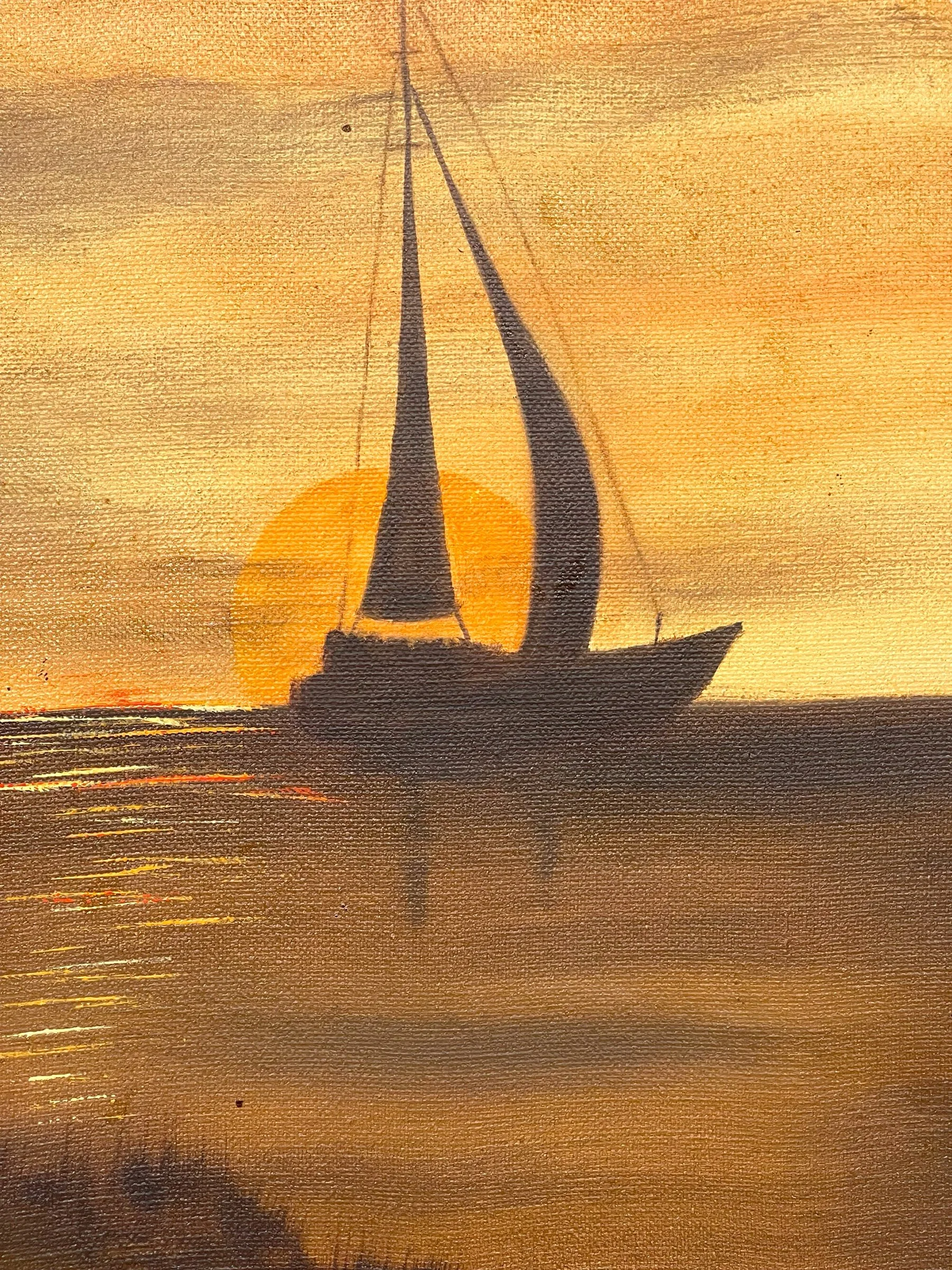 Vintage 1970s Sailboat Painting on the Water at Sunset Framed, horizontal orientation measuring 30x18 inches. Signed and dated by artist.