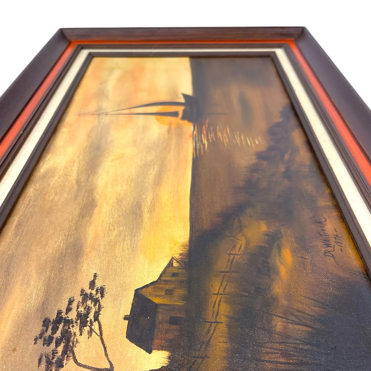 Vintage 1970s Sailboat Painting on the Water at Sunset Framed, horizontal orientation measuring 30x18 inches. Signed and dated by artist.