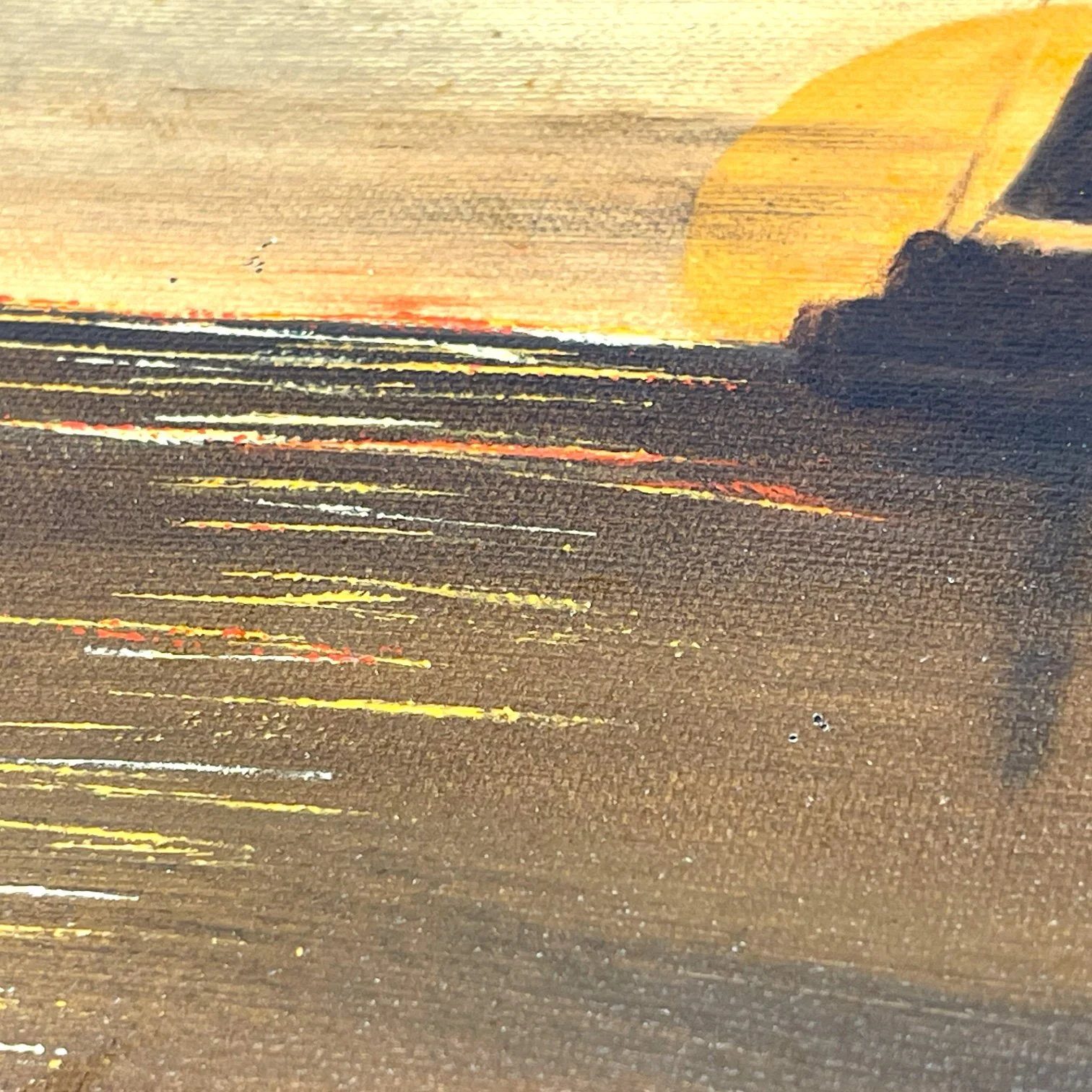 Vintage 1970s Sailboat Painting on the Water at Sunset Framed, horizontal orientation measuring 30x18 inches. Signed and dated by artist.