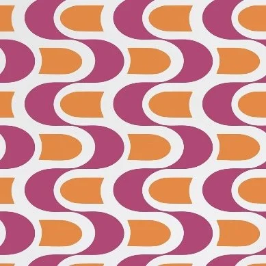 A two color geometric pattern consisting of a ribbon swirl and shapes, mid century inspired. Shown in pink and orange made by Wall Star Graphics