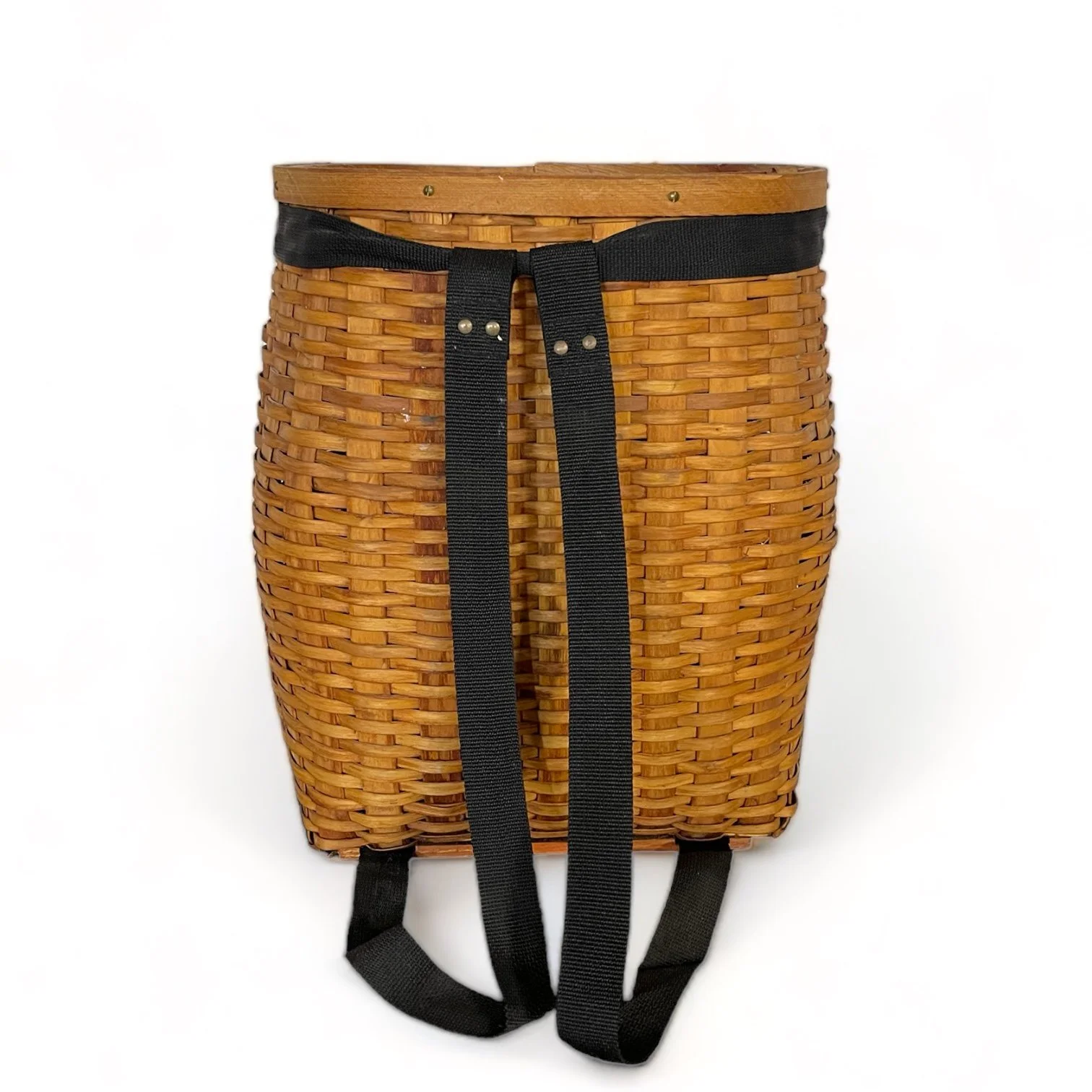 Back view of a Large vintage Adirondack splint pack basket with shoulder straps