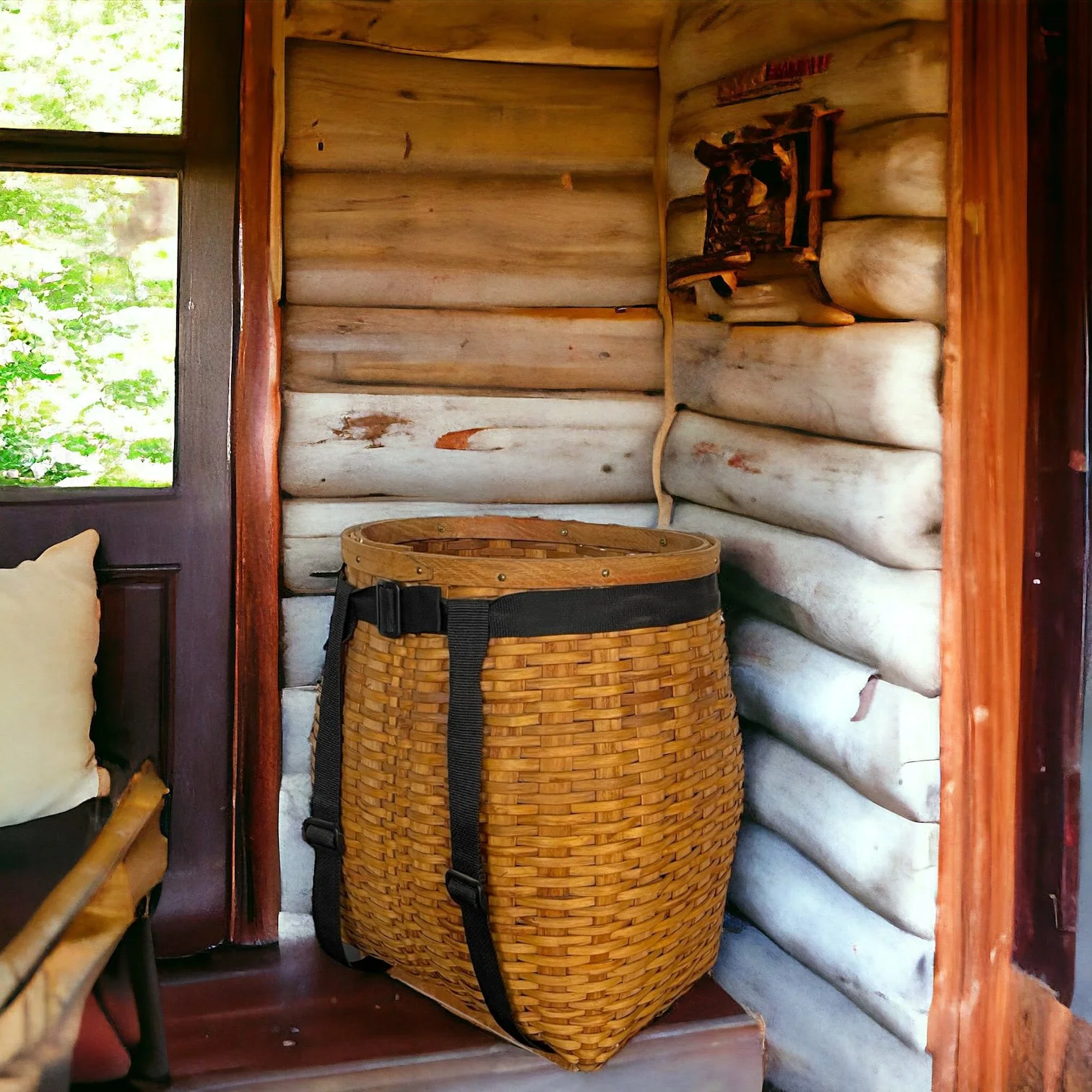 Large vintage Adirondack splint pack basket with shoulder straps on the front porch of a rustic cabin.