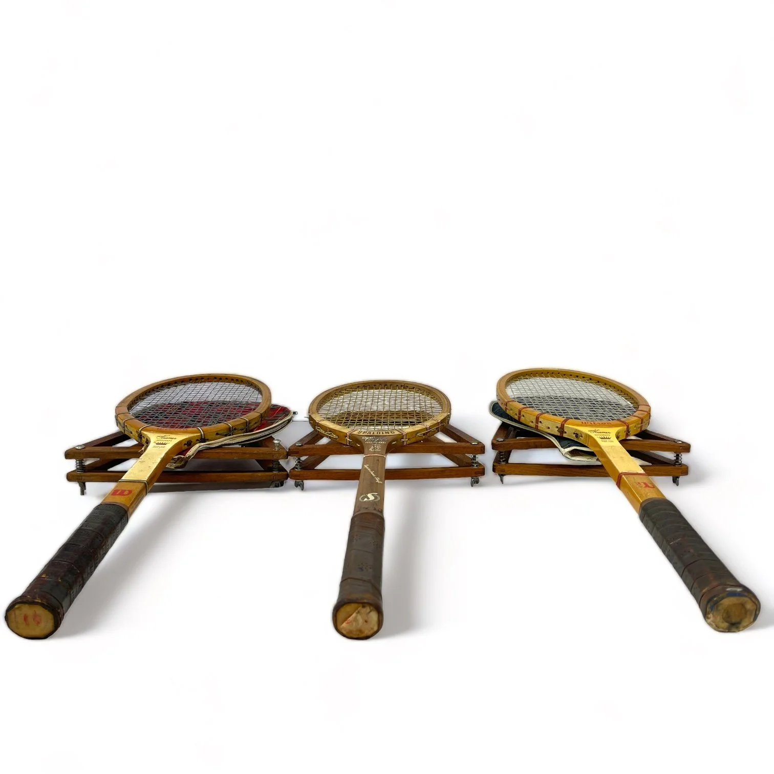 Vintage Wooden Tennis Rackets Set of 3 with Wood Press and Plaid Covers, Spalding, Wilson.