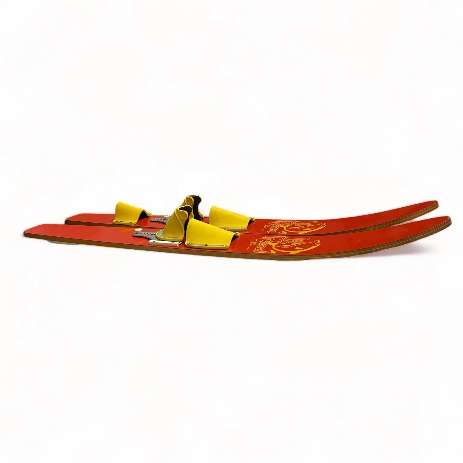 Vintage red and yellow Lil Rascal wooden water skis for kids with a dolphin logo by Lake Region. Made in USA