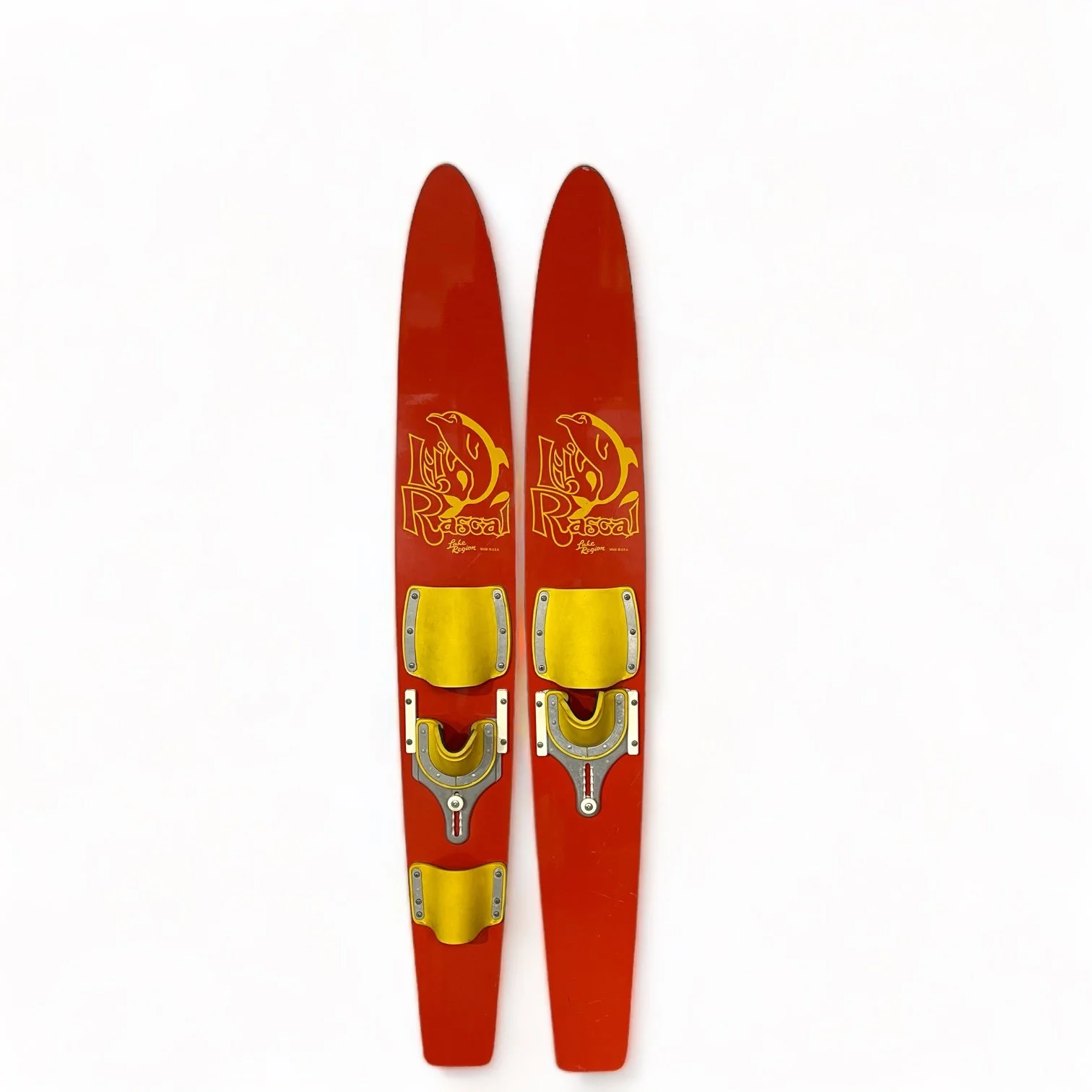 Vintage red and yellow Lil Rascal wooden water skis for kids with a dolphin logo by Lake Region. Made in USA