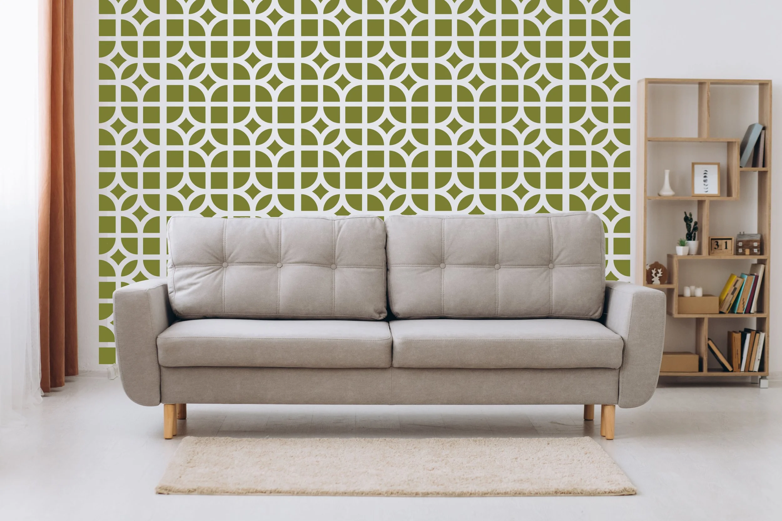 Mid Century breeze block wall decals by Wall Star Graphics shown in olive on a white wall in a modern living room.