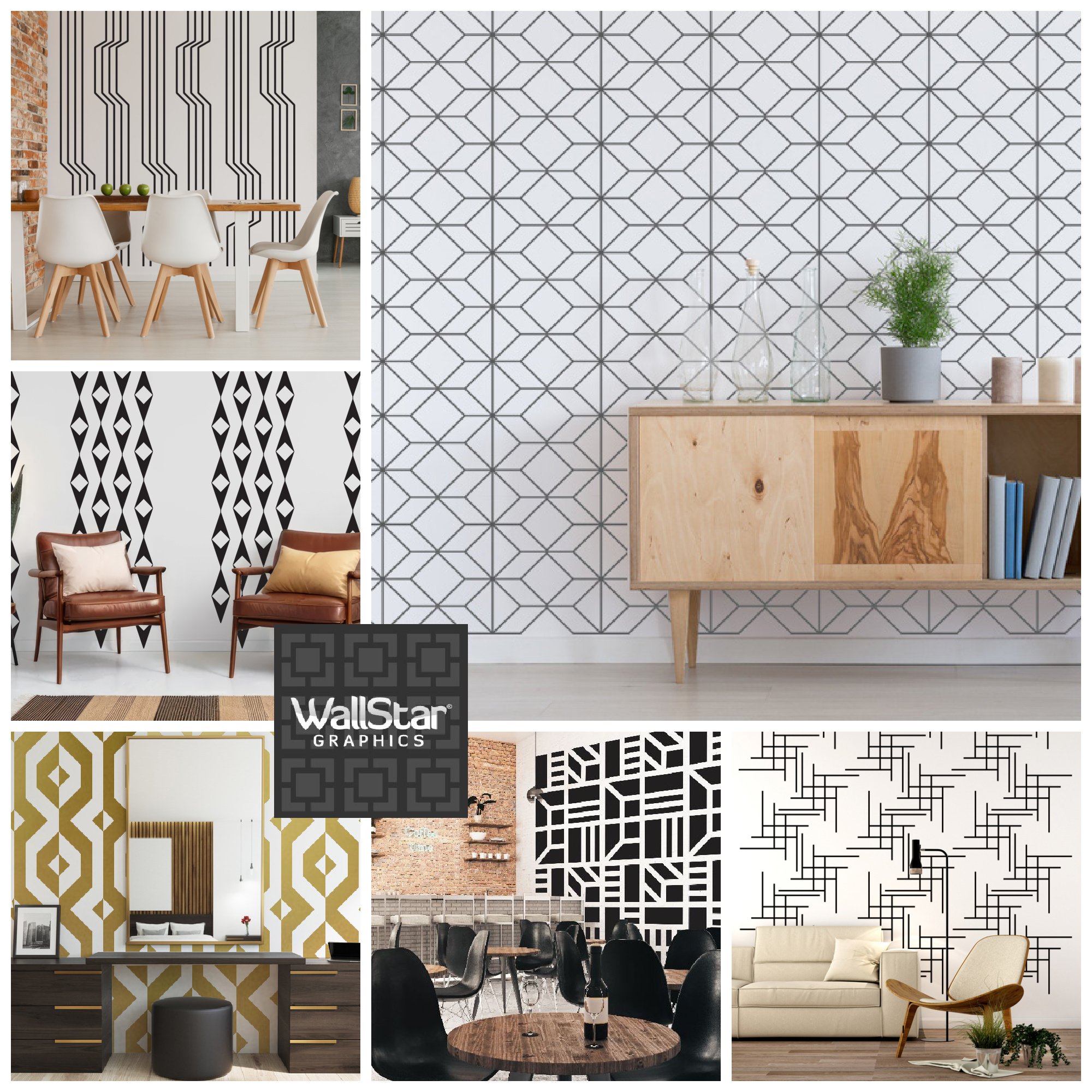 A collage of stylish wall decals, featuring geometric patterns suitable for any contemporary or modern spaces by Wall Star Graphics.