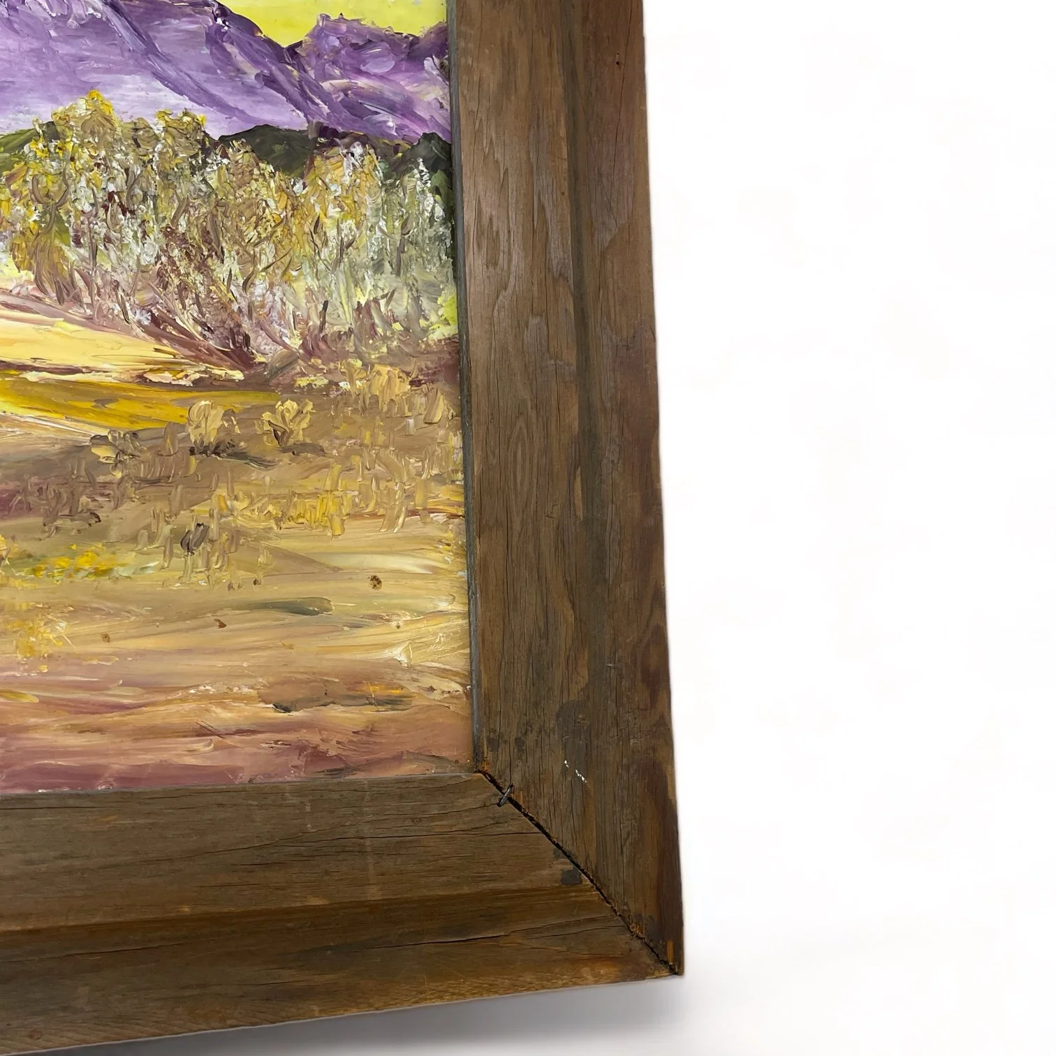 Vintage colorful arid desert painting framed in rustic wood frame.