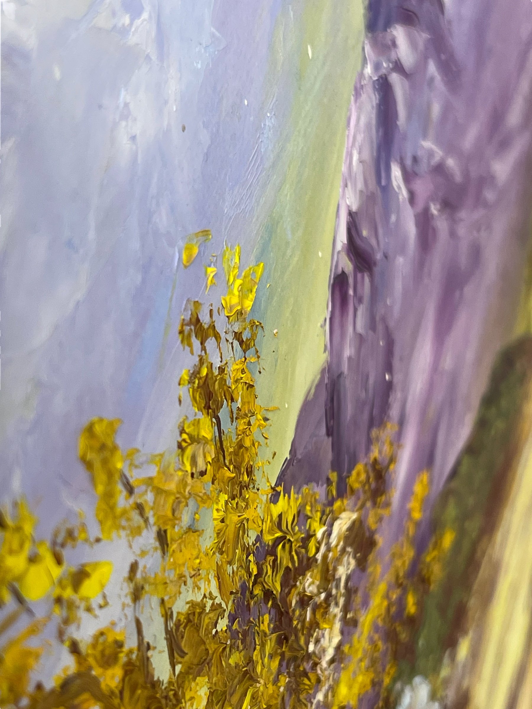 Vintage colorful arid desert painting framed in rustic wood frame.