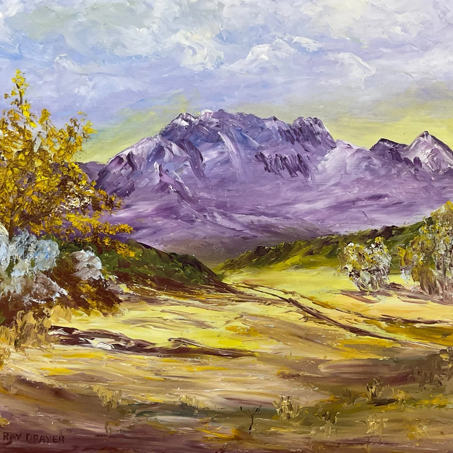 Vintage colorful arid desert painting framed in rustic wood frame.