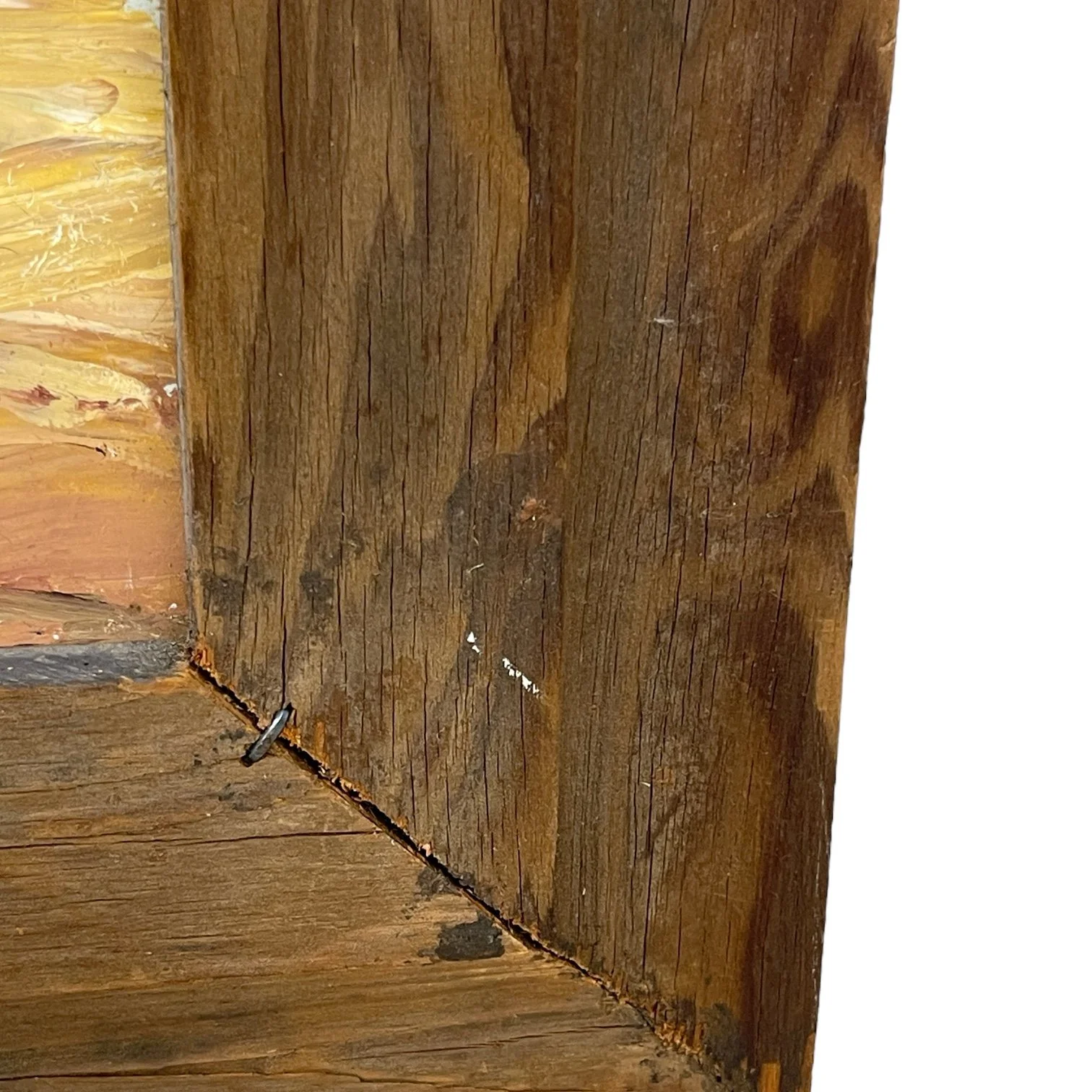 Vintage colorful arid desert painting framed in rustic wood frame.