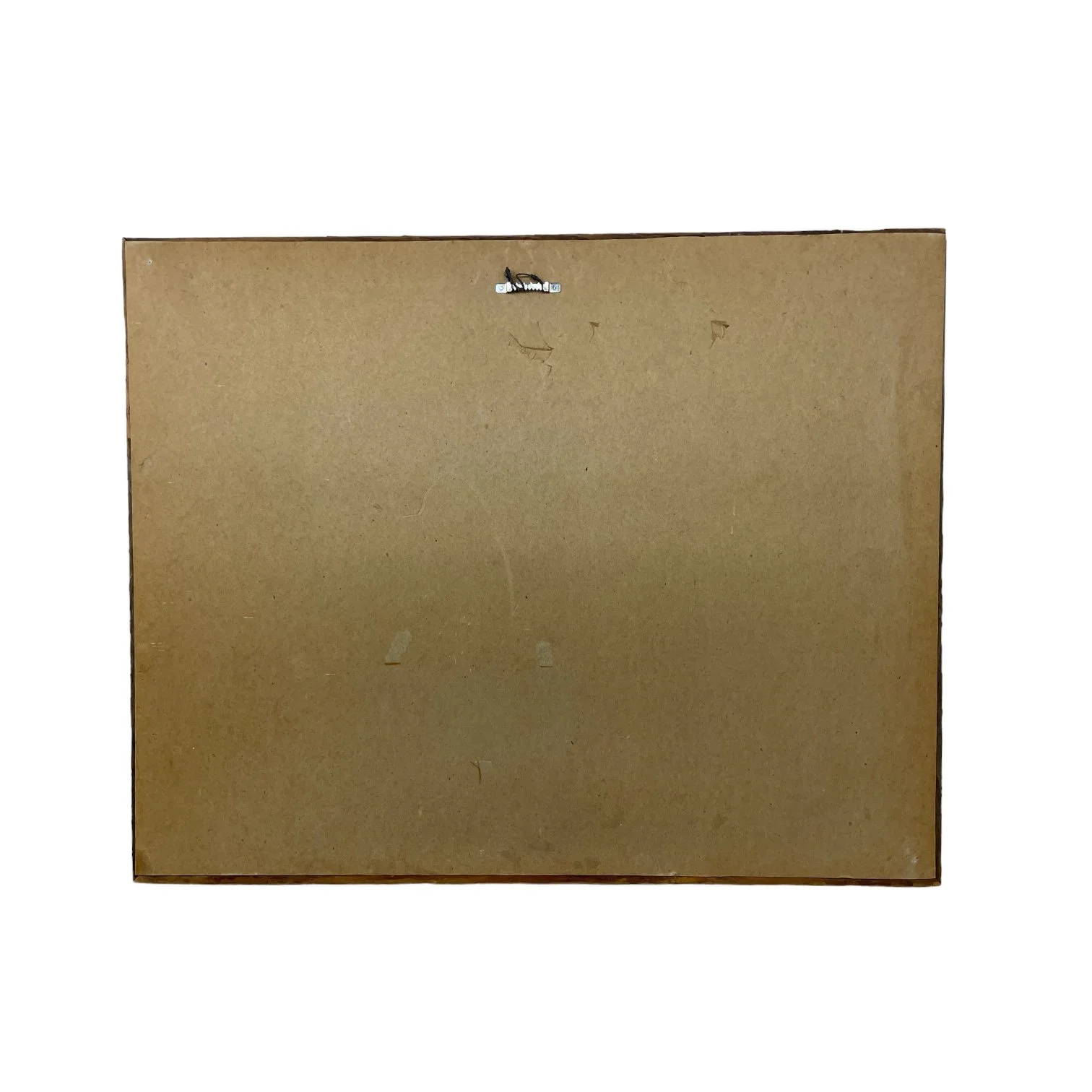 Backside view of a vintage colorful arid desert painting framed in rustic wood frame.