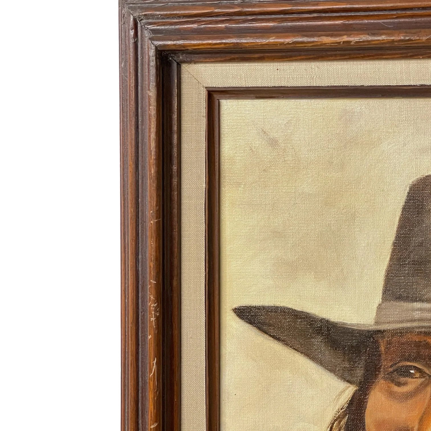 Vintage framed Painting of Native Man in Western Hat signed by artist. Painting is done in a combination of earth tone colors.