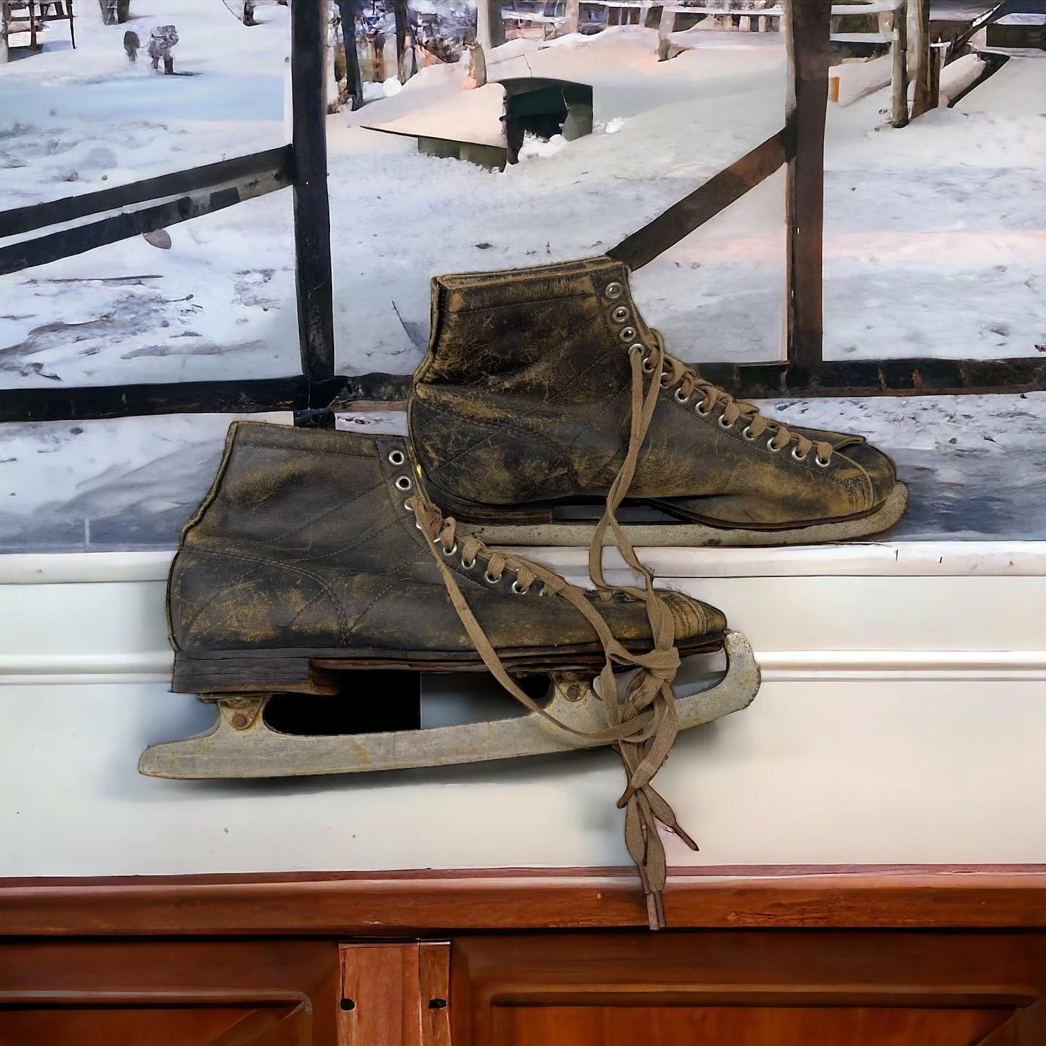 Vintage Men's Leather Ice Hockey Skates for Cabin or Ski Lodge Decor