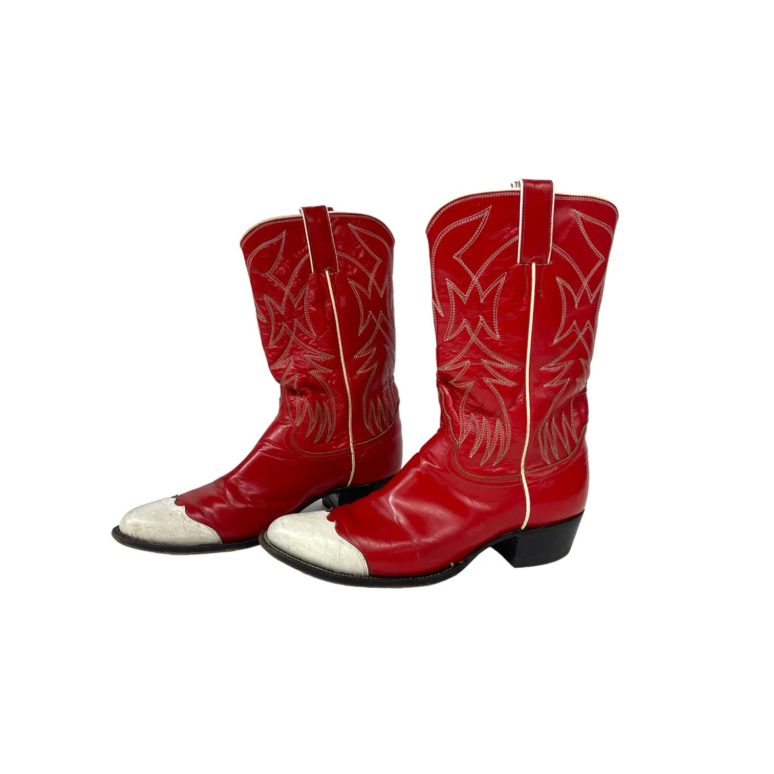 Vintage pair women's 1970s Justin two toned red and white leather cowboy boots, style L4069, size 8 1/2 B