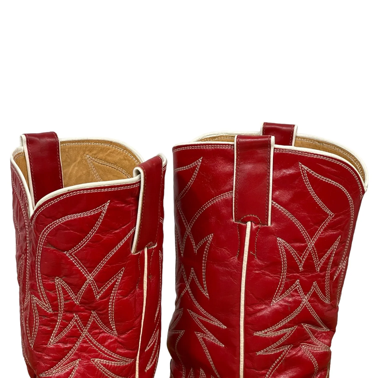 Vintage pair women's 1970s Justin two toned red and white leather cowboy boots, style L4069, size 8 1/2 B