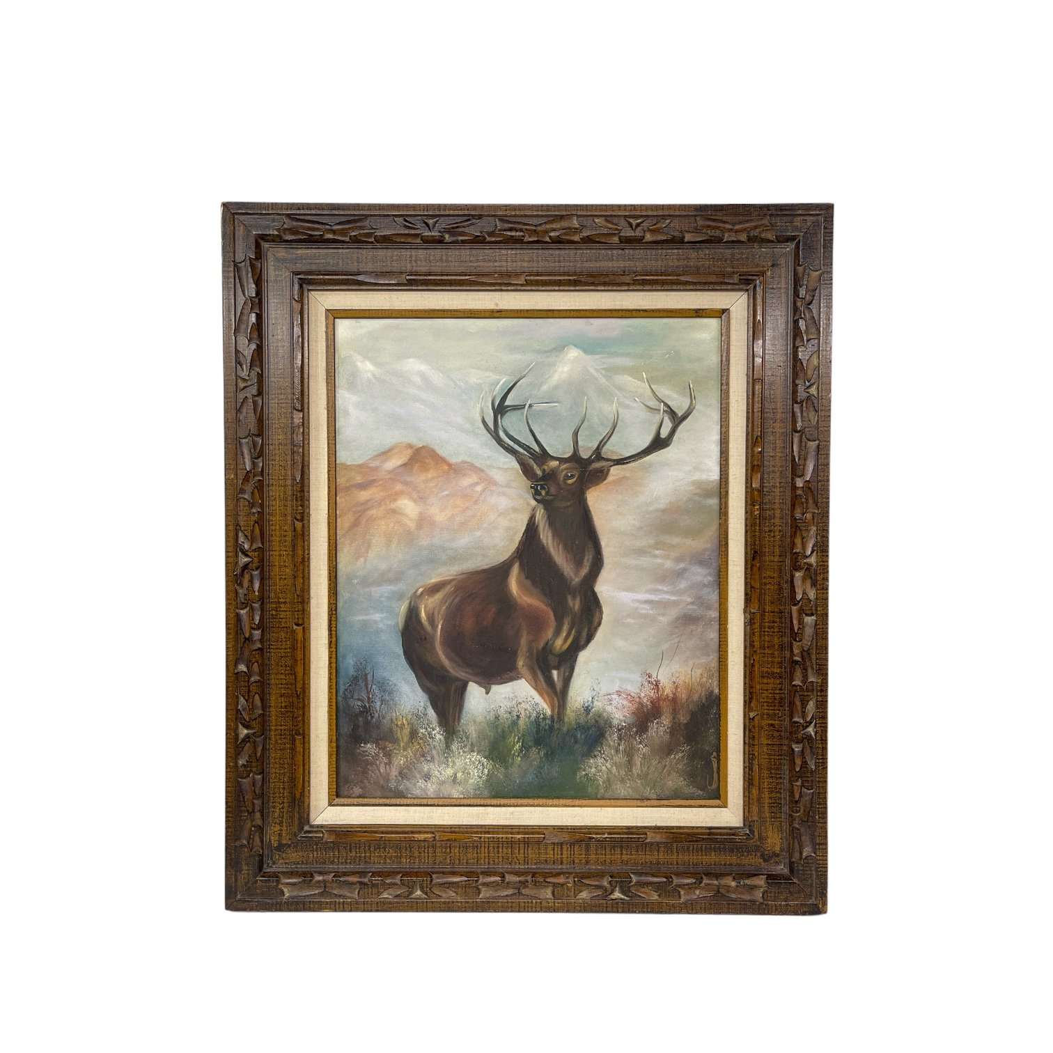 Vintage painting of an elk title 'Trails End' by artist J. Graham, signed and dated 1993. The vertical artwork measures 28x24 inches and is framed in a heavy duty, ornate wood frame.