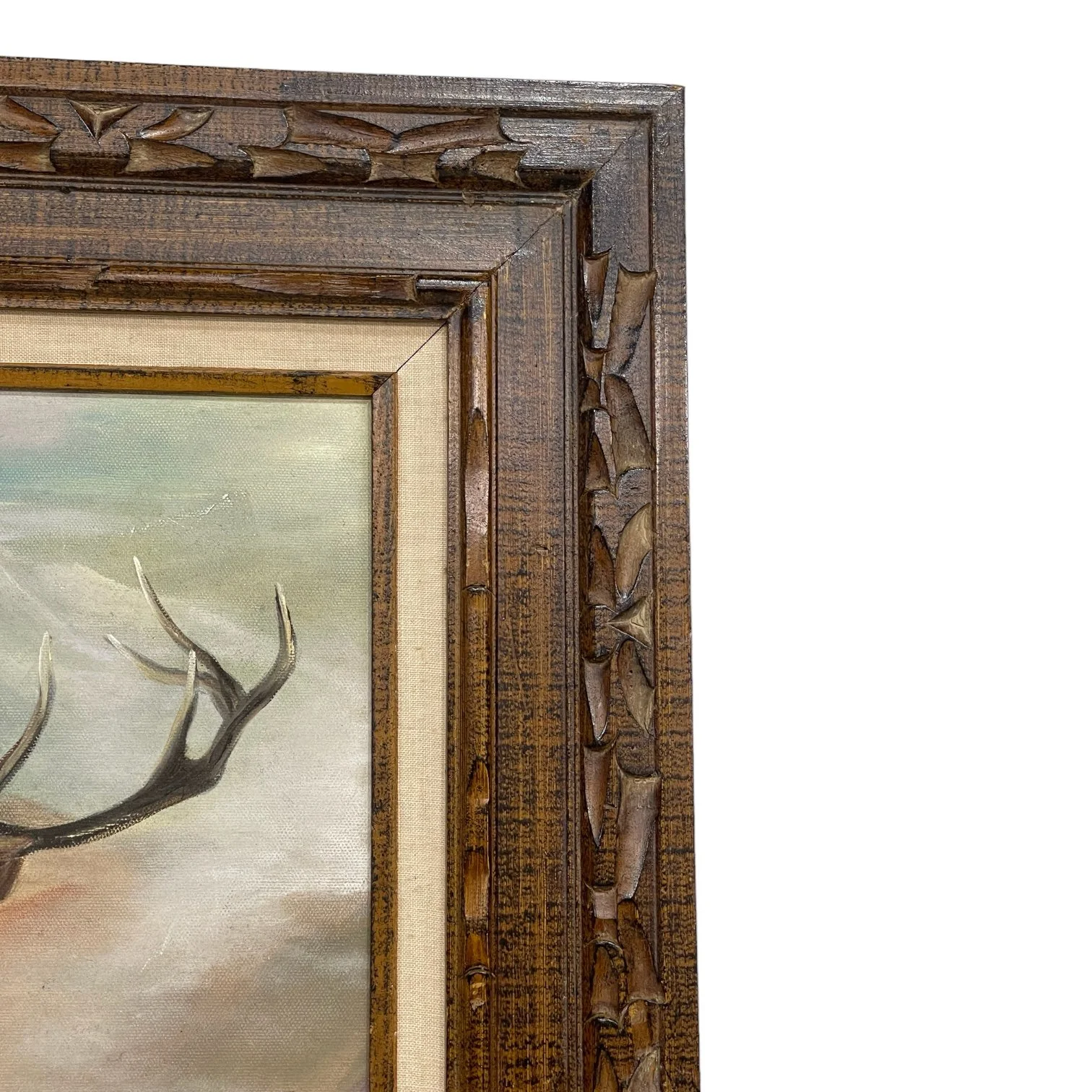 Vintage painting of an elk title 'Trails End' by artist J. Graham, signed and dated 1993. The vertical artwork measures 28x24 inches and is framed in a heavy duty, ornate wood frame.