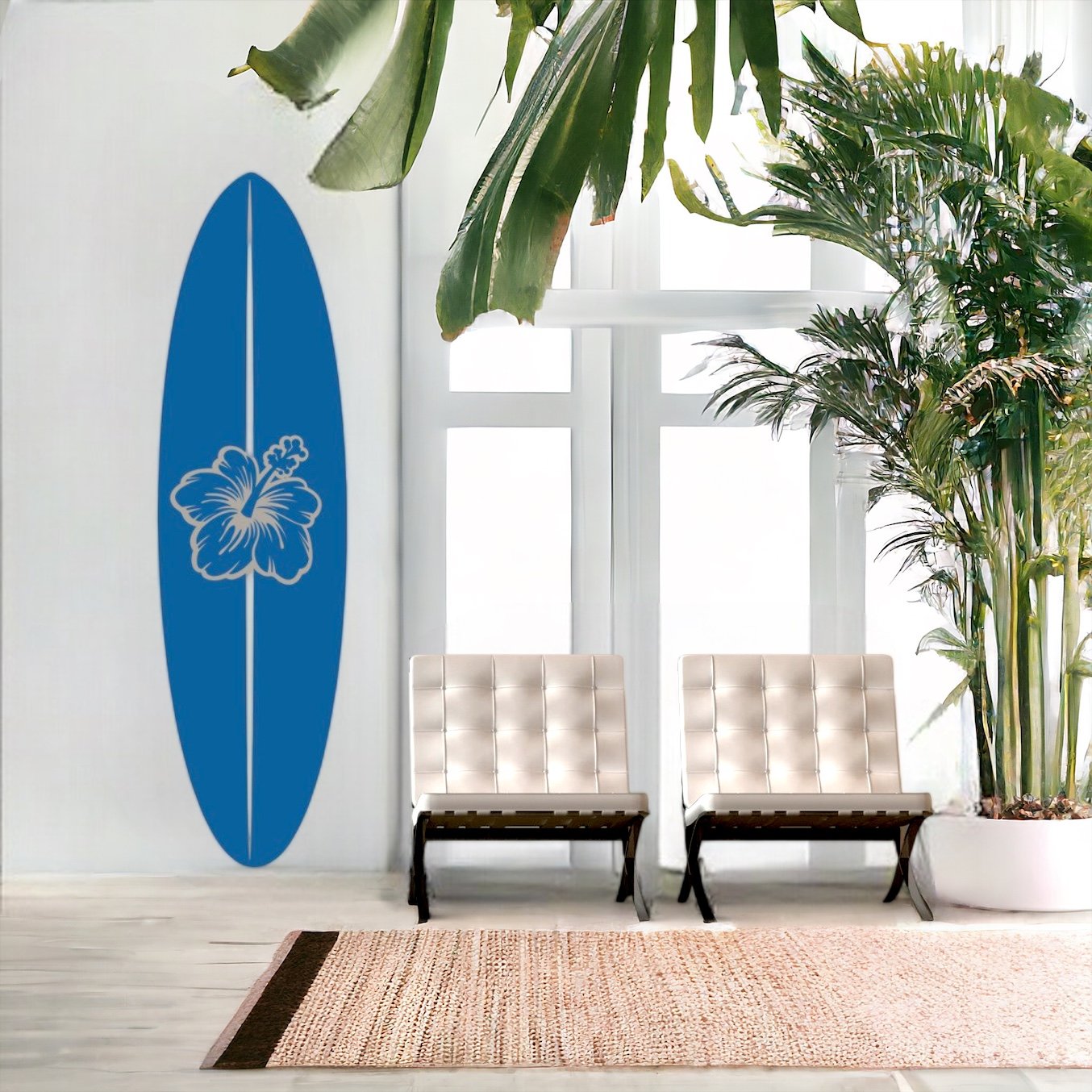Surfboard wall decal with a hibiscus flower in the center installed on a white wall of a modern beach house.