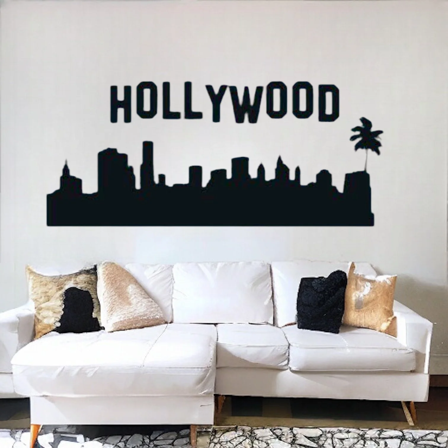 Hollywood Sign vinyl wall decal that includes the city skyline with the word Hollywood prominently displayed above.