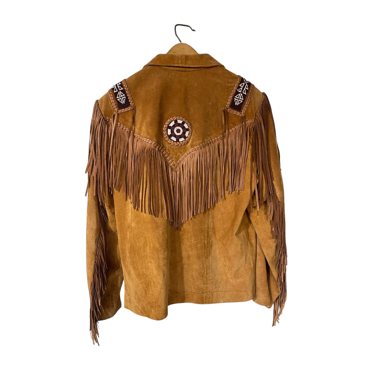 Back view on a vintage Echo Mountain Arturo Suede Fringe and Beaded Jacket Size 36, Western Wear Made in Mexico
