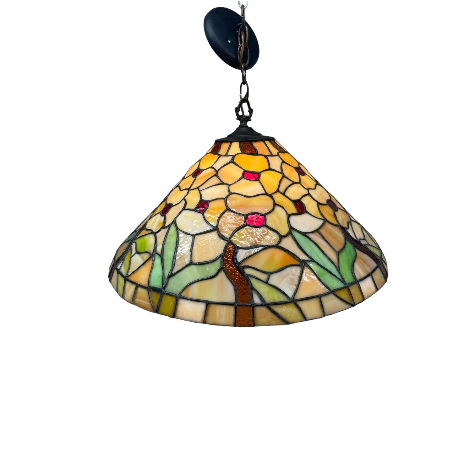 Vintage hanging light fixture, colorful Floral Slag Glass, Tiffany Style  Stained Glass semi-flush ceiling mount, hardwired.