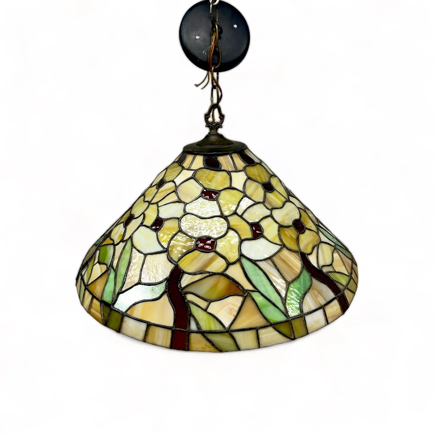 Vintage hanging light fixture, colorful Floral Slag Glass, Tiffany Style  Stained Glass semi-flush ceiling mount, hardwired.