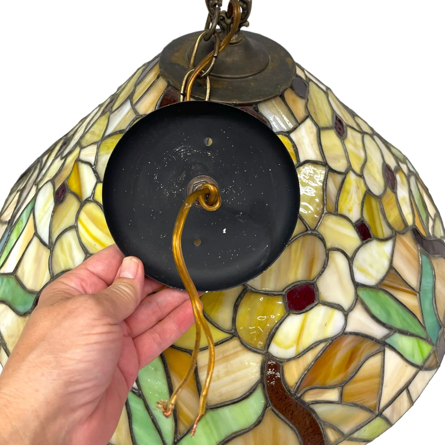 Vintage hanging light fixture, colorful Floral Slag Glass, Tiffany Style  Stained Glass semi-flush ceiling mount, hardwired.