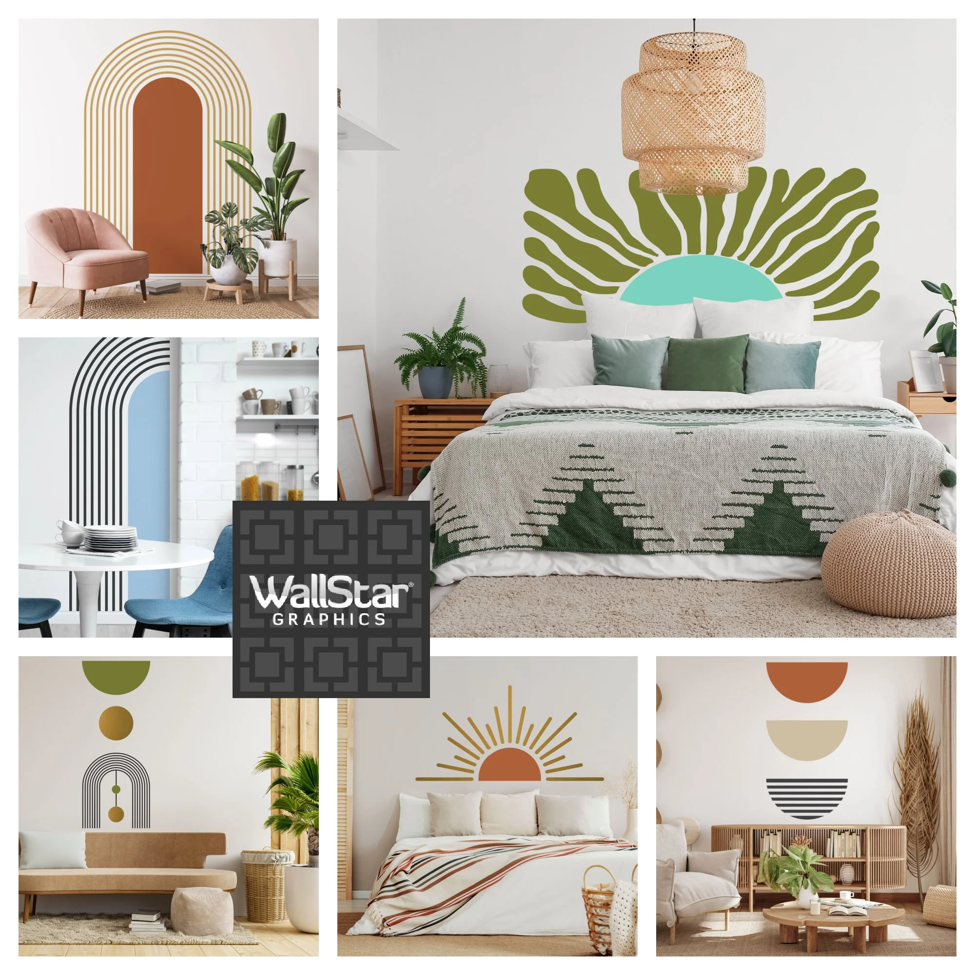 Collage of boho chic inspired wall decals by Wall Star Graphics.