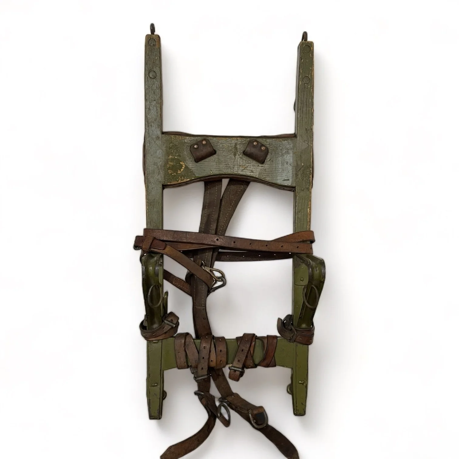 Vintage Swiss Military Wooden Packboard made of wood, metal and leather. Authentic hunting or hiking gear or cabin decor.