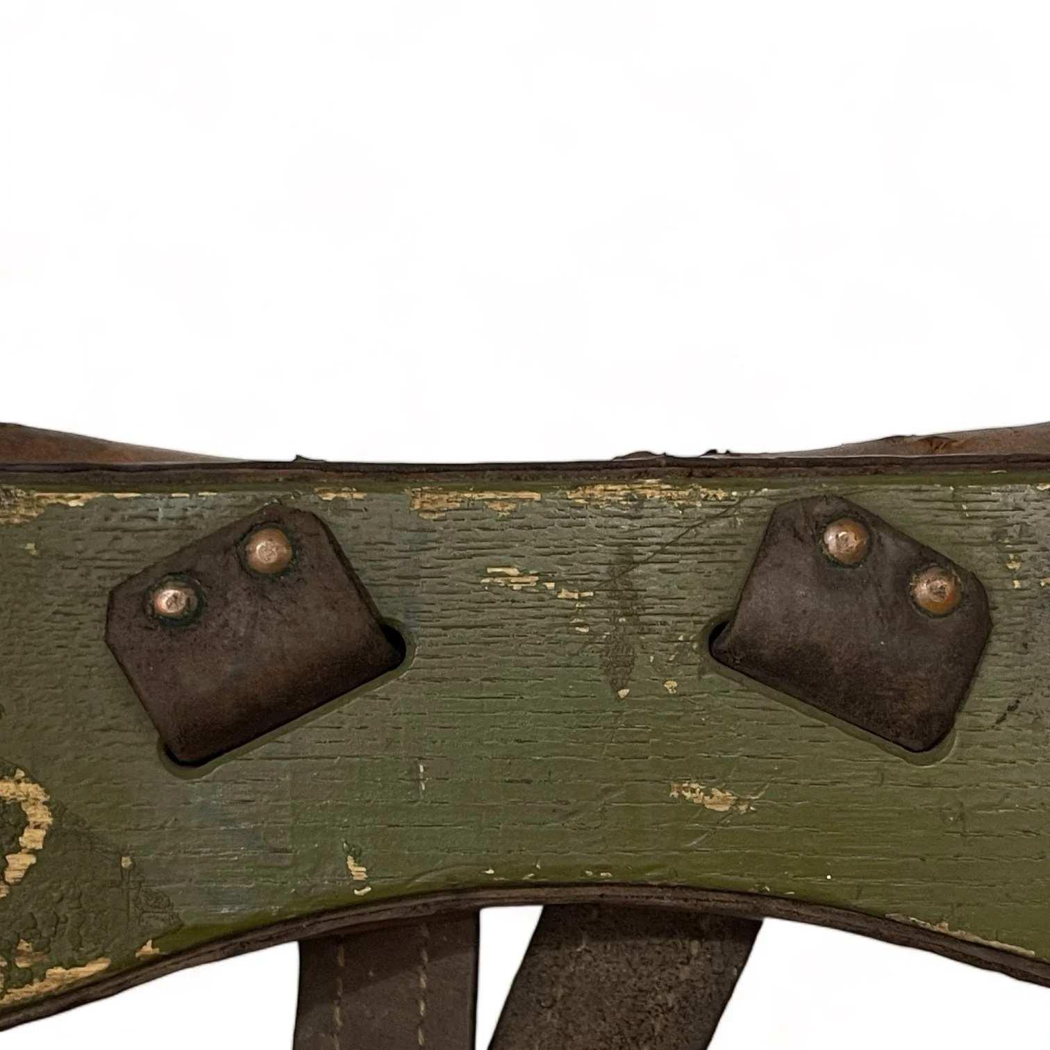 Vintage Swiss Military Wooden Packboard made of wood, metal and leather. Authentic hunting or hiking gear or cabin decor.