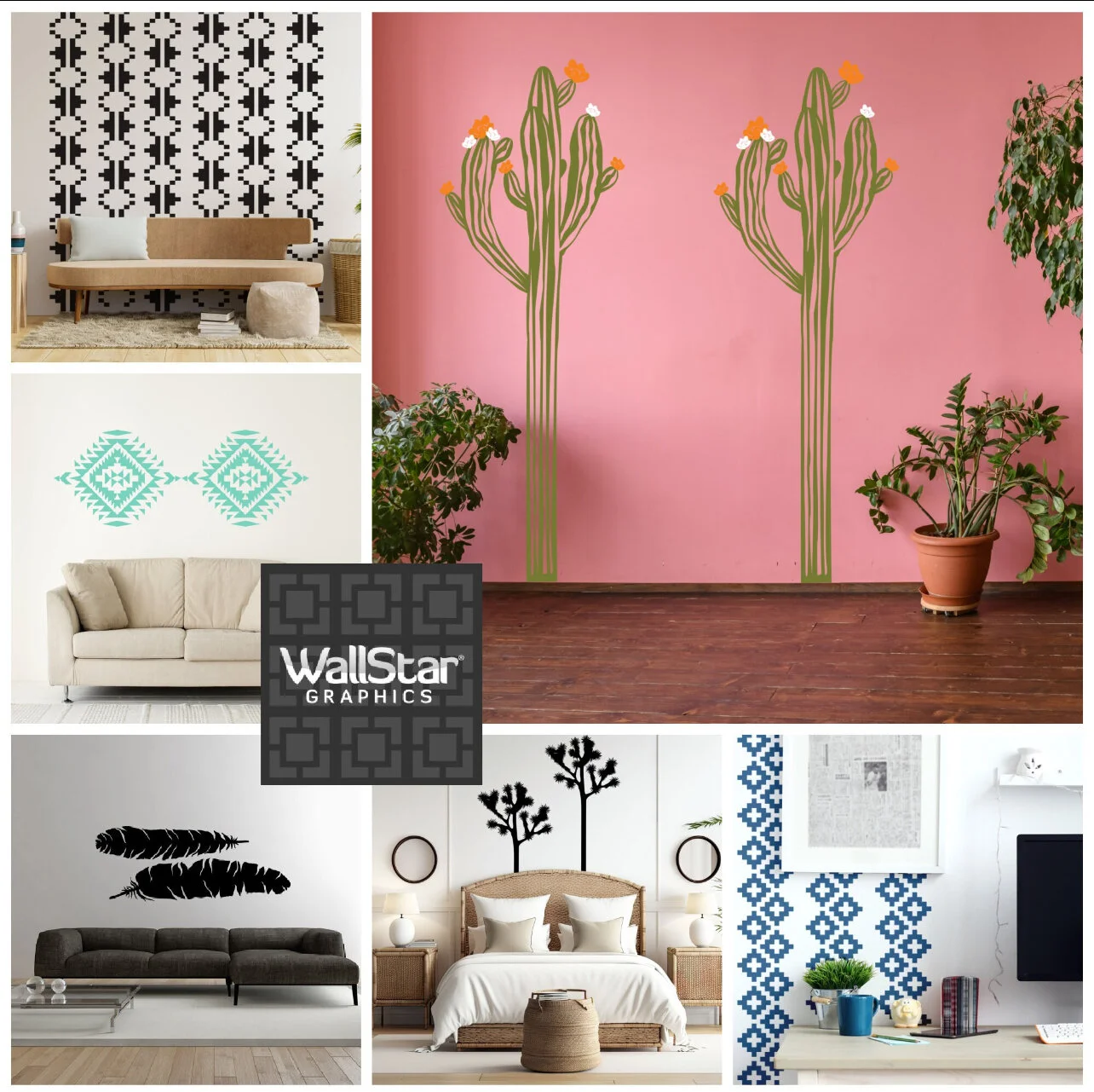 Collage of Southwestern, desert inspired wall decals by Wall Star Graphics consisting of geometric patterns, cactus, feathers, and Joshua Tree.