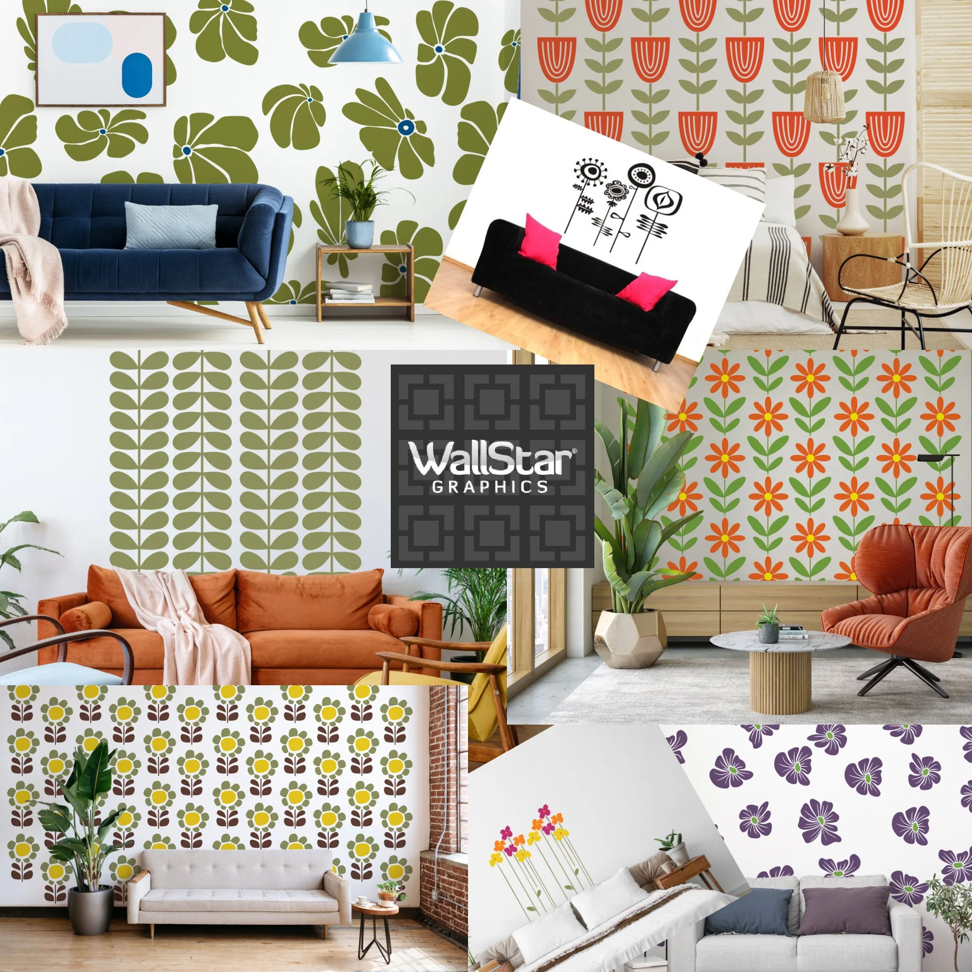 A collection of boho, retro, 70s style wall decals consisting of different flowers, groovy, minimalist, sunflower, daisies, tulips, by Wall Star Graphics.