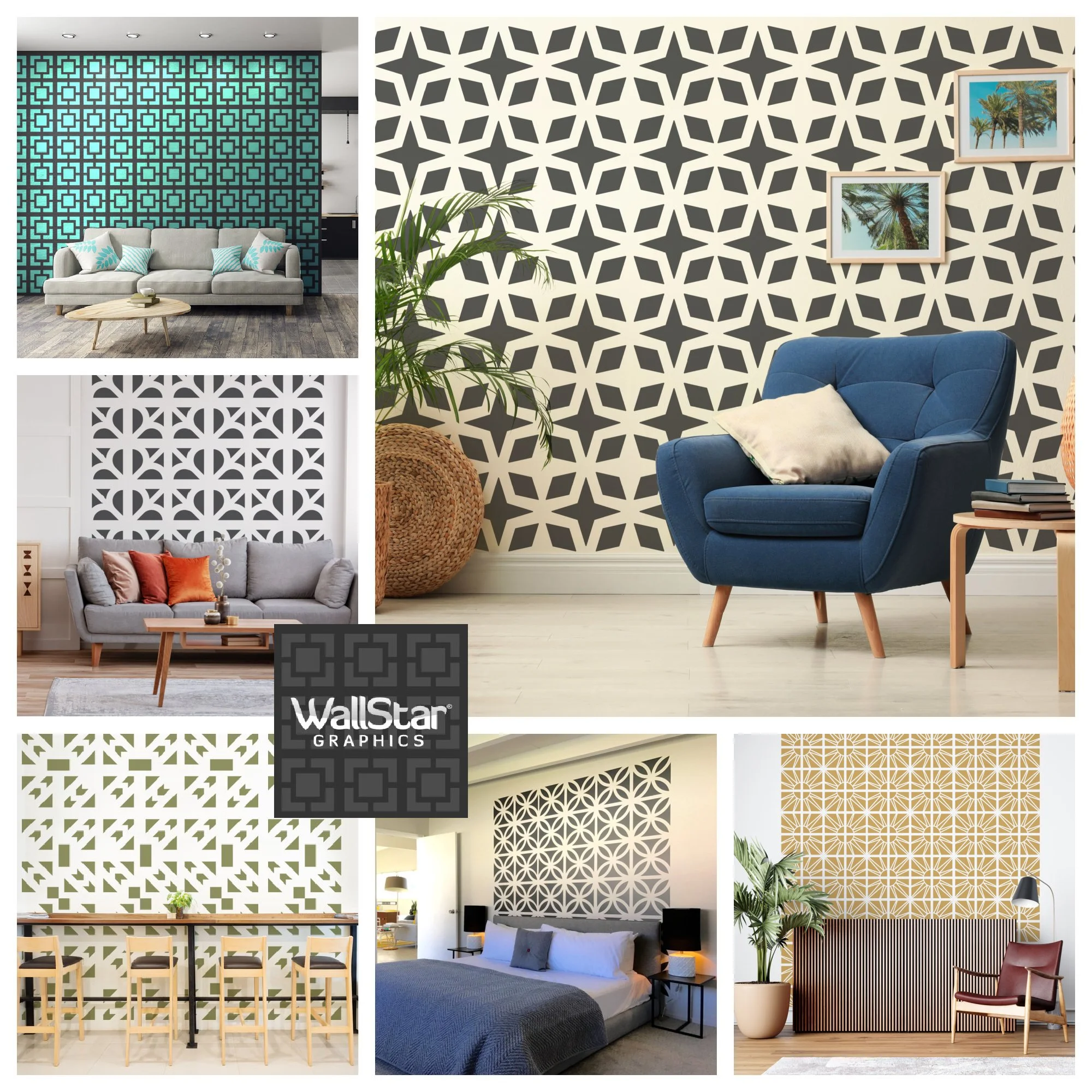 A collection of various styles of breeze block wall decals installed in mid century modern living rooms and bedrooms.