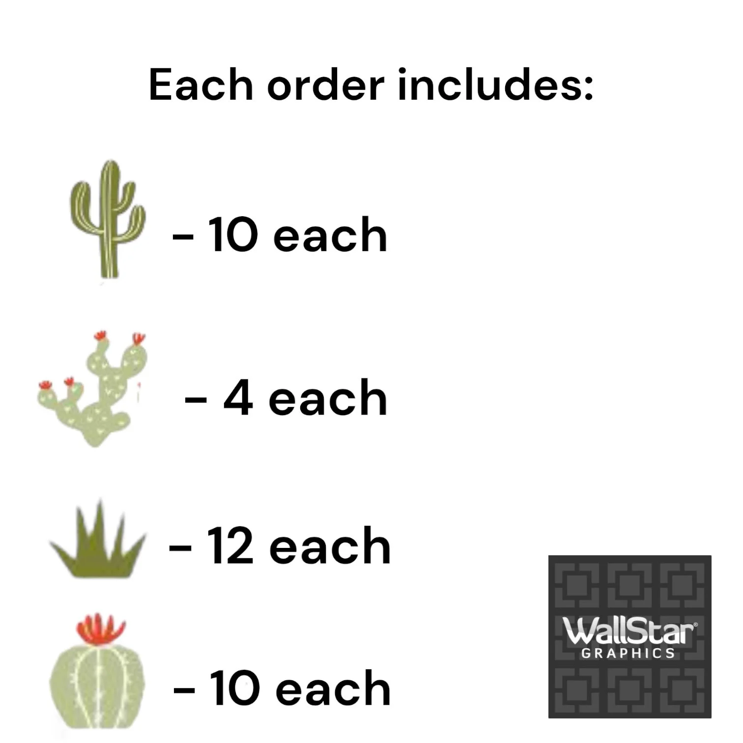 Photo display what's included with each order of cactus vinyl wall decals.